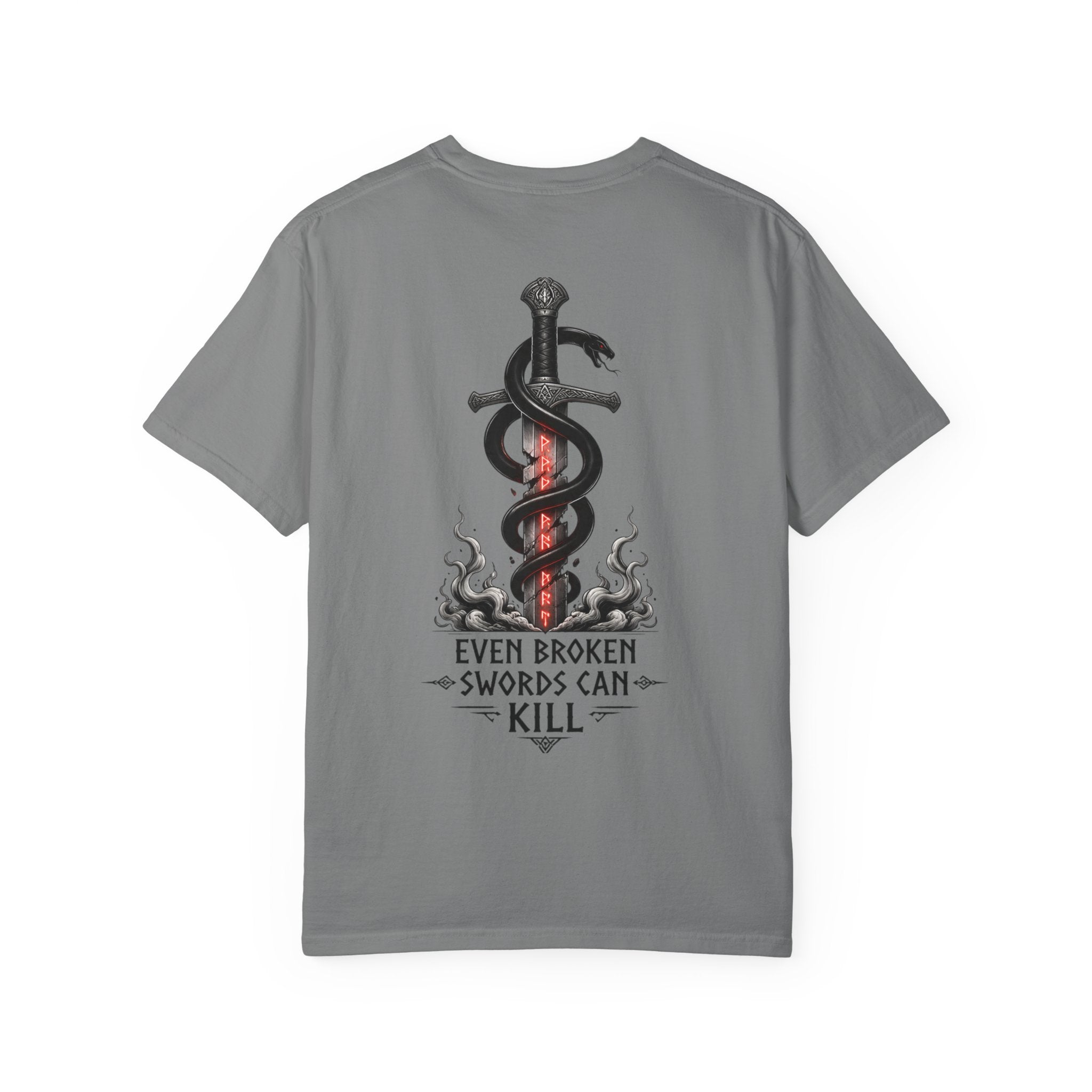 Graphic T-Shirt — 'Even Broken Swords Can Kill' Snake & Sword Back Print
