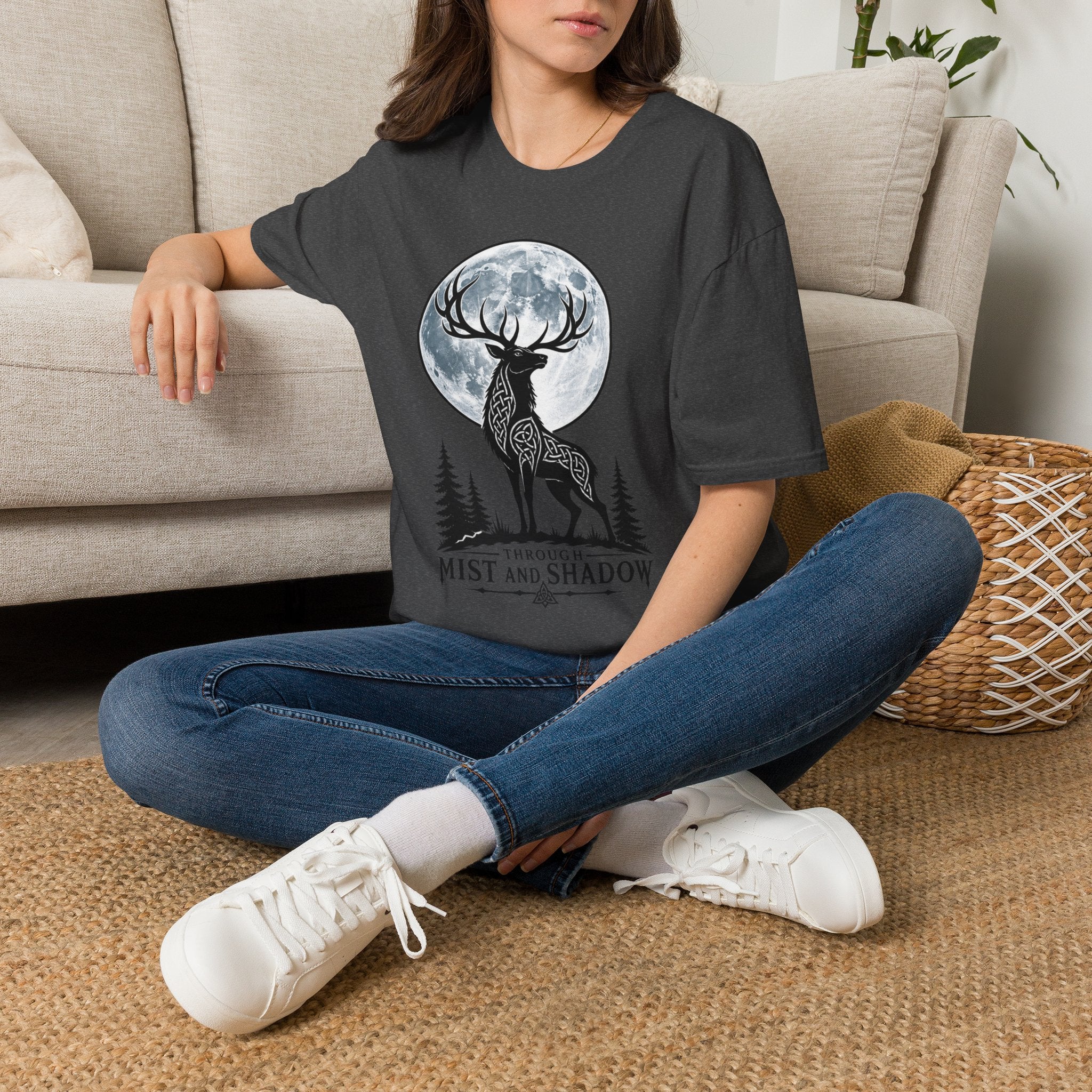 Deer Moon T‑Shirt — 'Mist and Shadow' Woodland Stag Graphic Tee