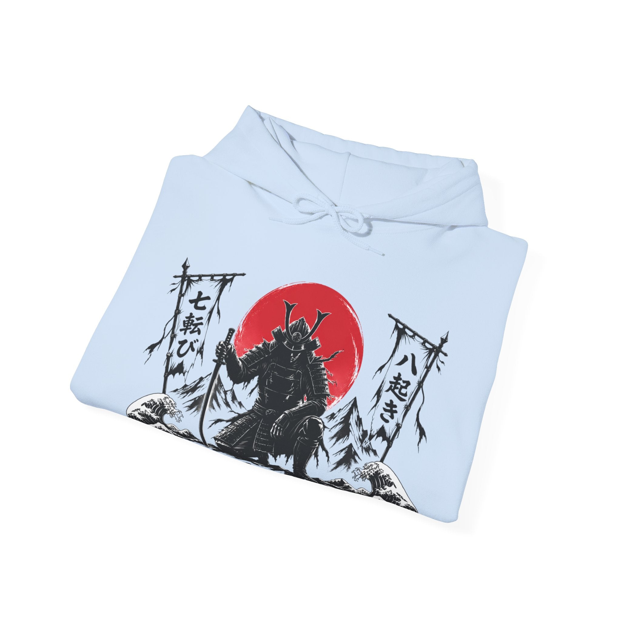 Hoodie — Samurai Wolf Graphic "Fall Seven Times, Rise Eight" Japanese Sunrise