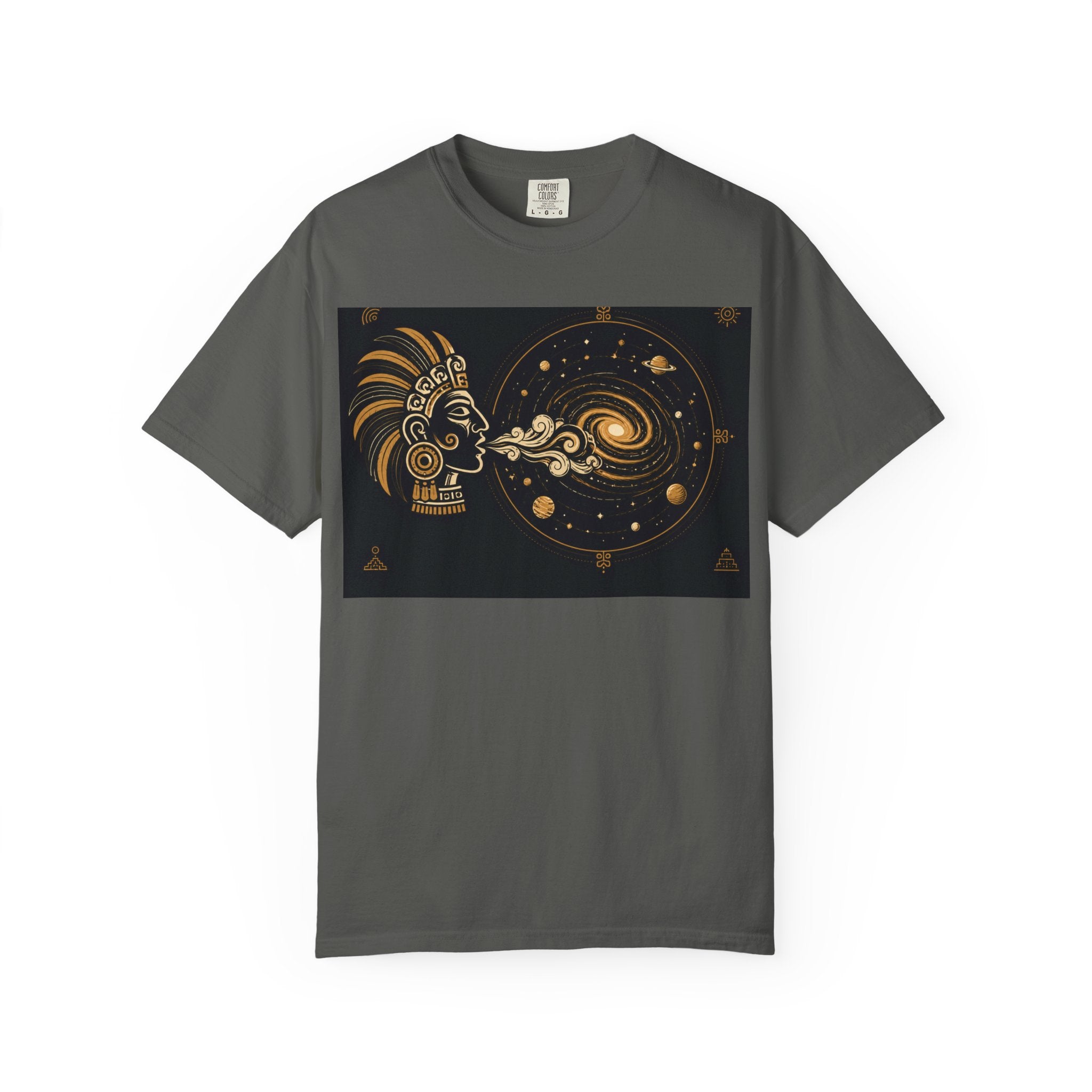 Cosmic Aztec Breath T-Shirt — Golden Galaxy Illustration