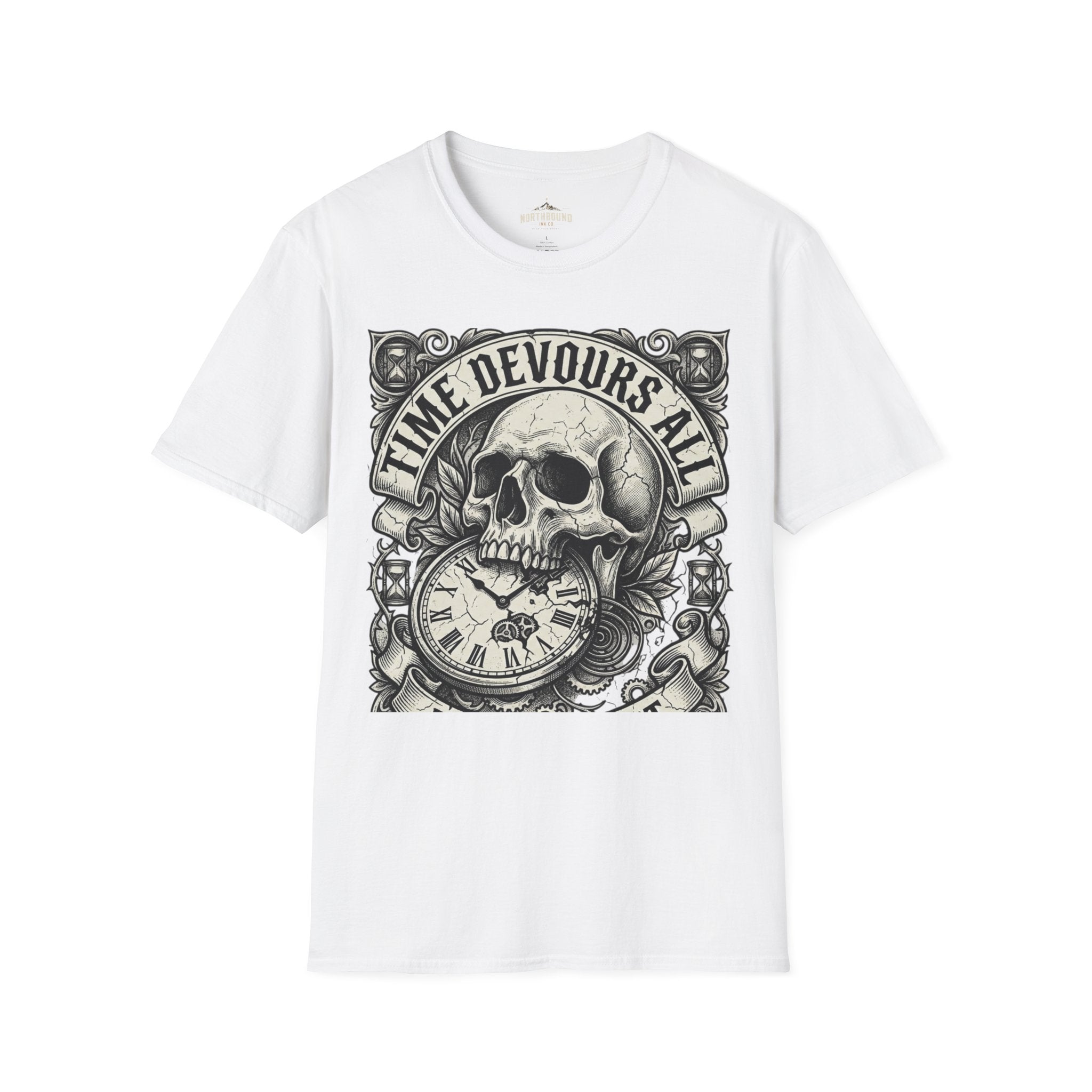 Time Devours All Skull T-Shirt – Vintage Gothic Skull & Pocket Watch Tee