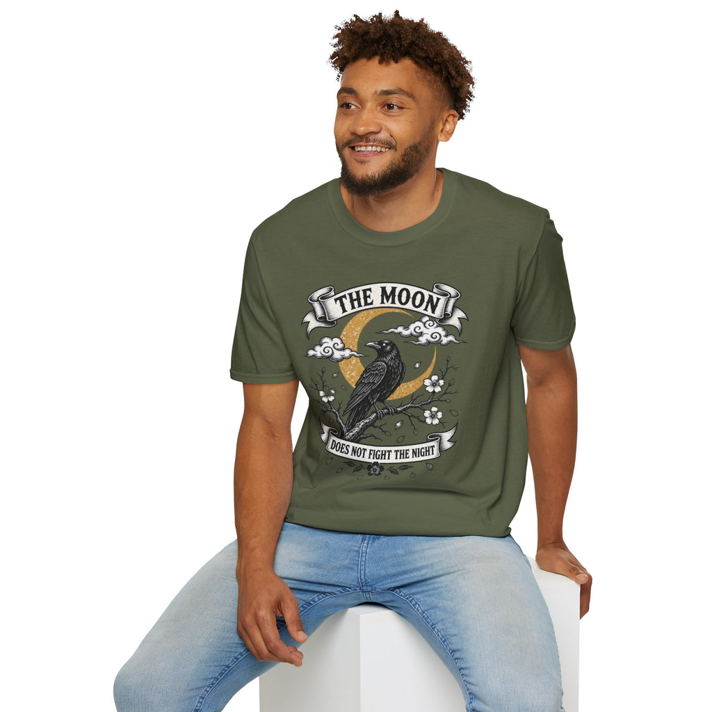 Moon & Raven T-Shirt — "The Moon Does Not Fight The Moon" Gothic Celestial Tee