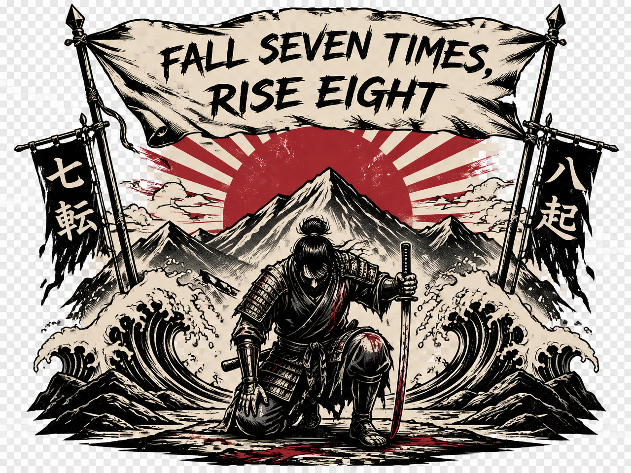 T-Shirt — "Fall Seven Times, Rise Eight" Samurai Graphic Tee