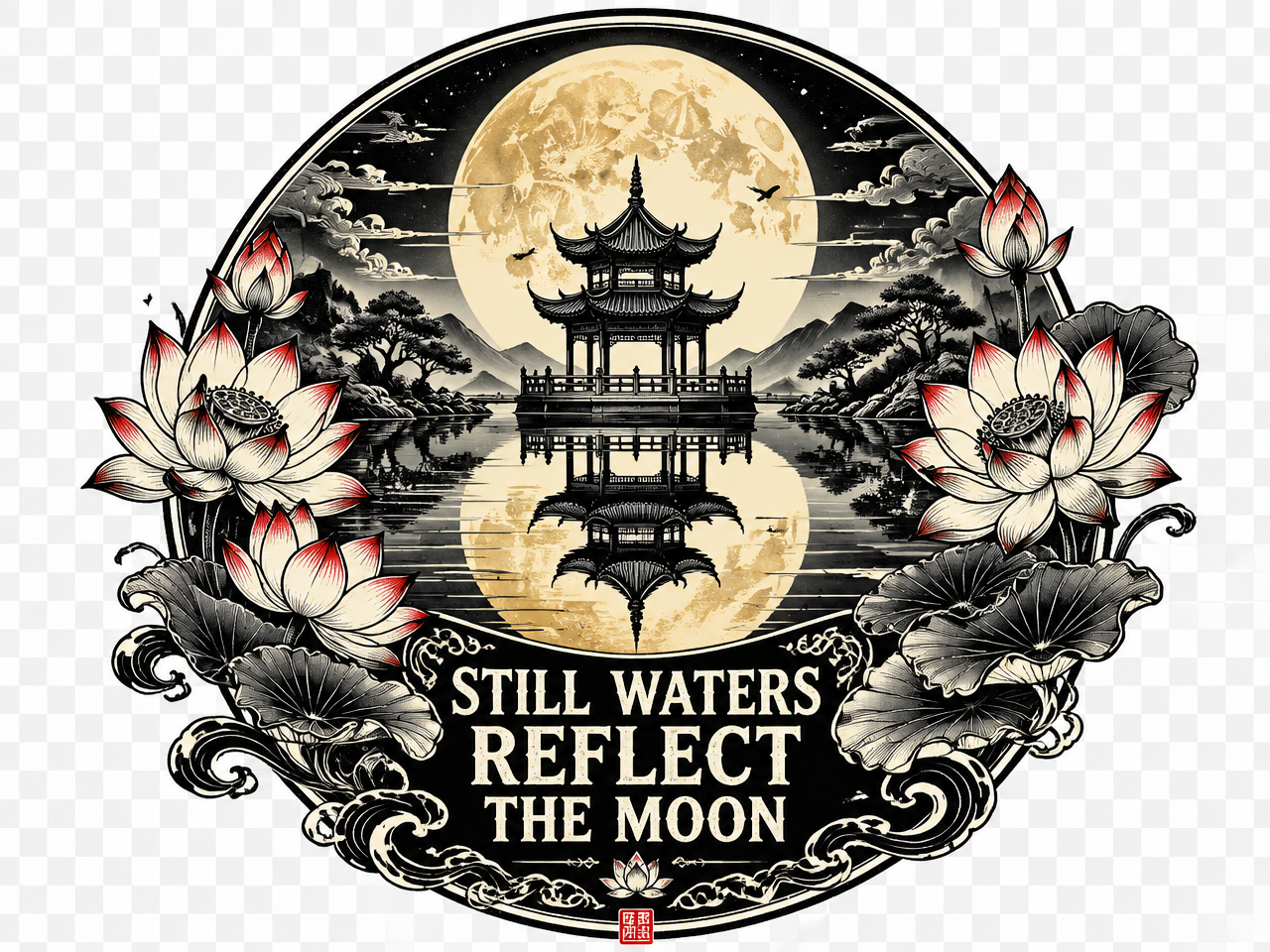 Still Waters Reflect the Moon T-Shirt — Zen Pagoda Moon Graphic Tee