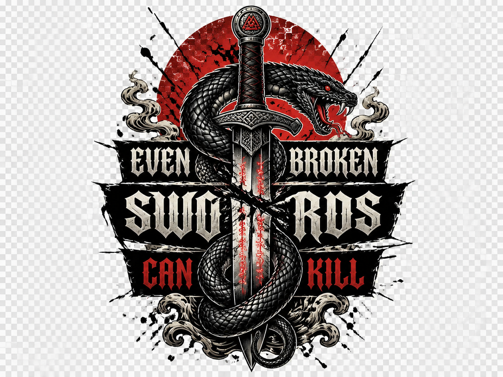 Graphic T-Shirt — "Even Broken Swords Can Kill" Snake & Dagger Back Print