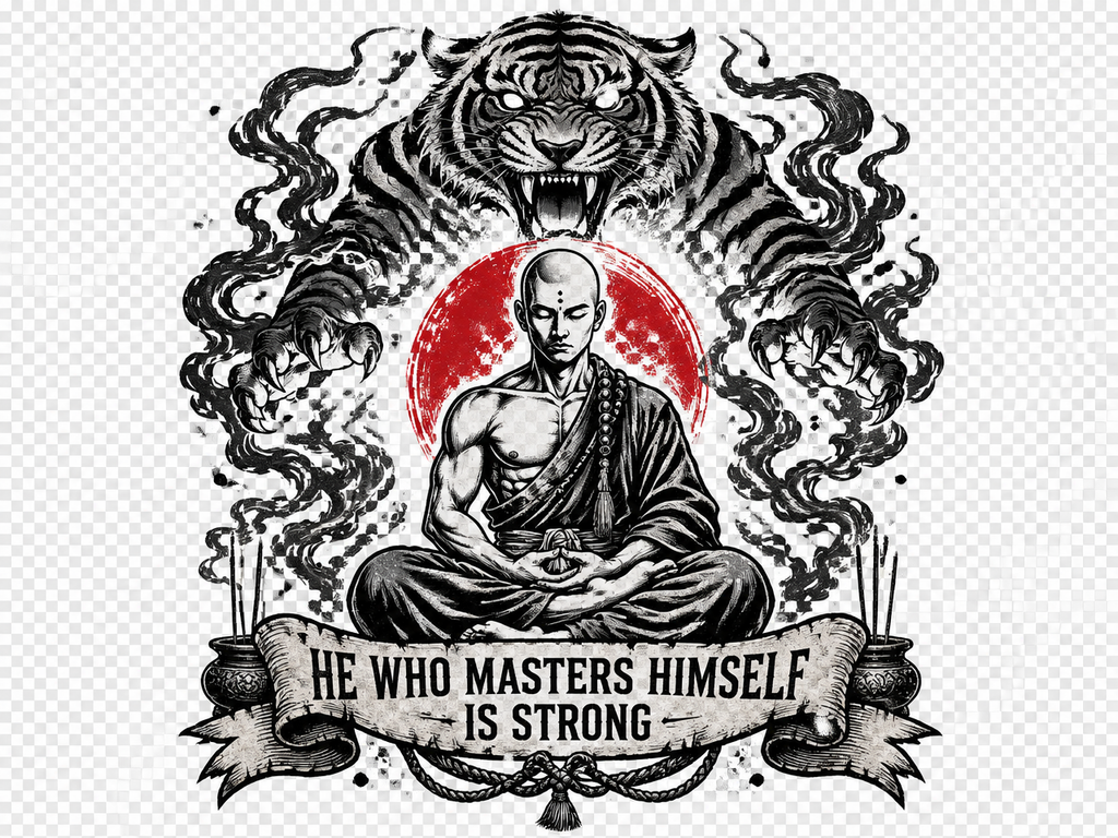 Meditation Tiger T-Shirt — "He Who Masters Himself is Strong" Zen Graphic Tee