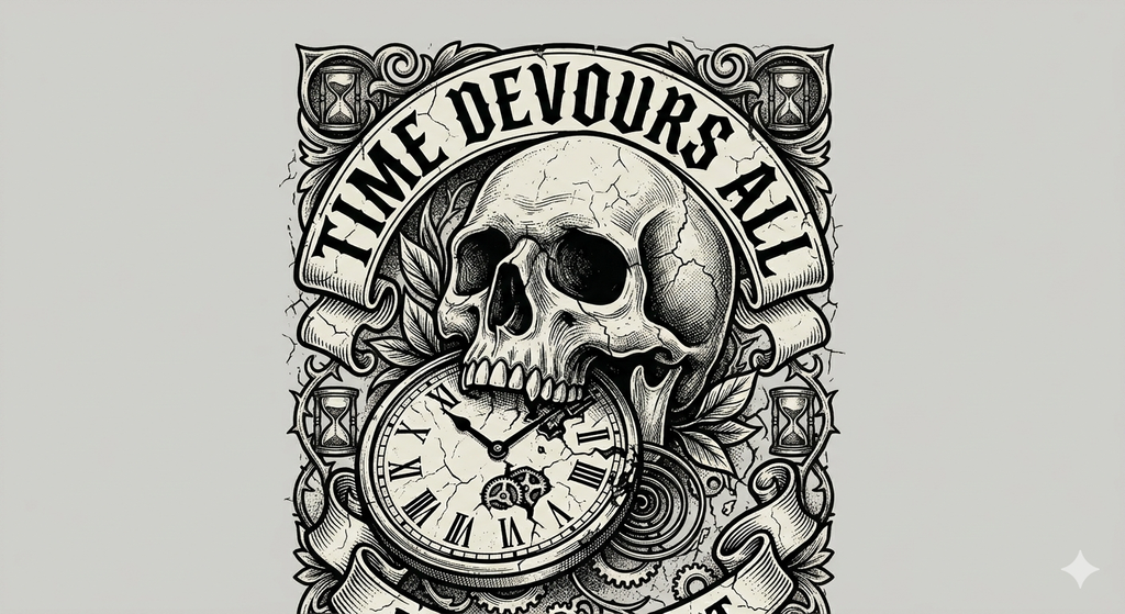 Time Devours All Skull T-Shirt – Vintage Gothic Skull & Pocket Watch Tee