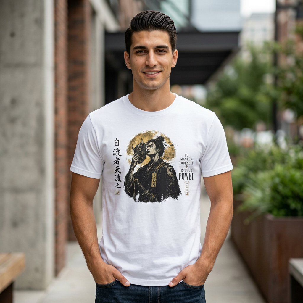 Samurai Mask Graphic T-Shirt — Japanese Warrior Moon Illustration