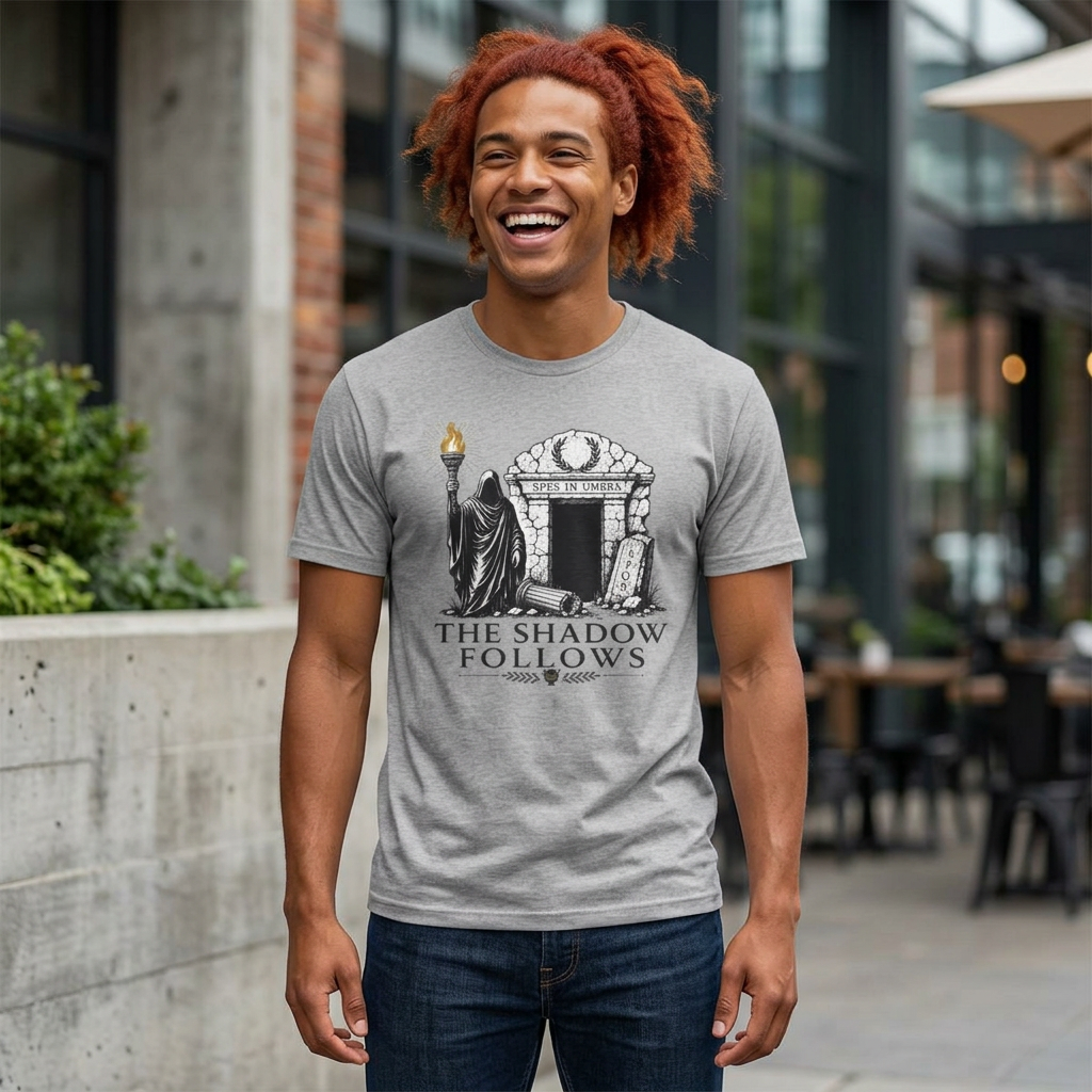 Gothic 'The Shadow Follows' T-Shirt — Cloaked Figure & Tombstone Design