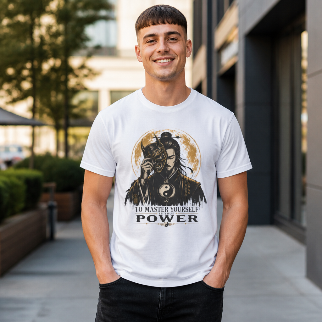 Samurai Mask Tee — "To Master Yourself Is Power" Graphic T-Shirt