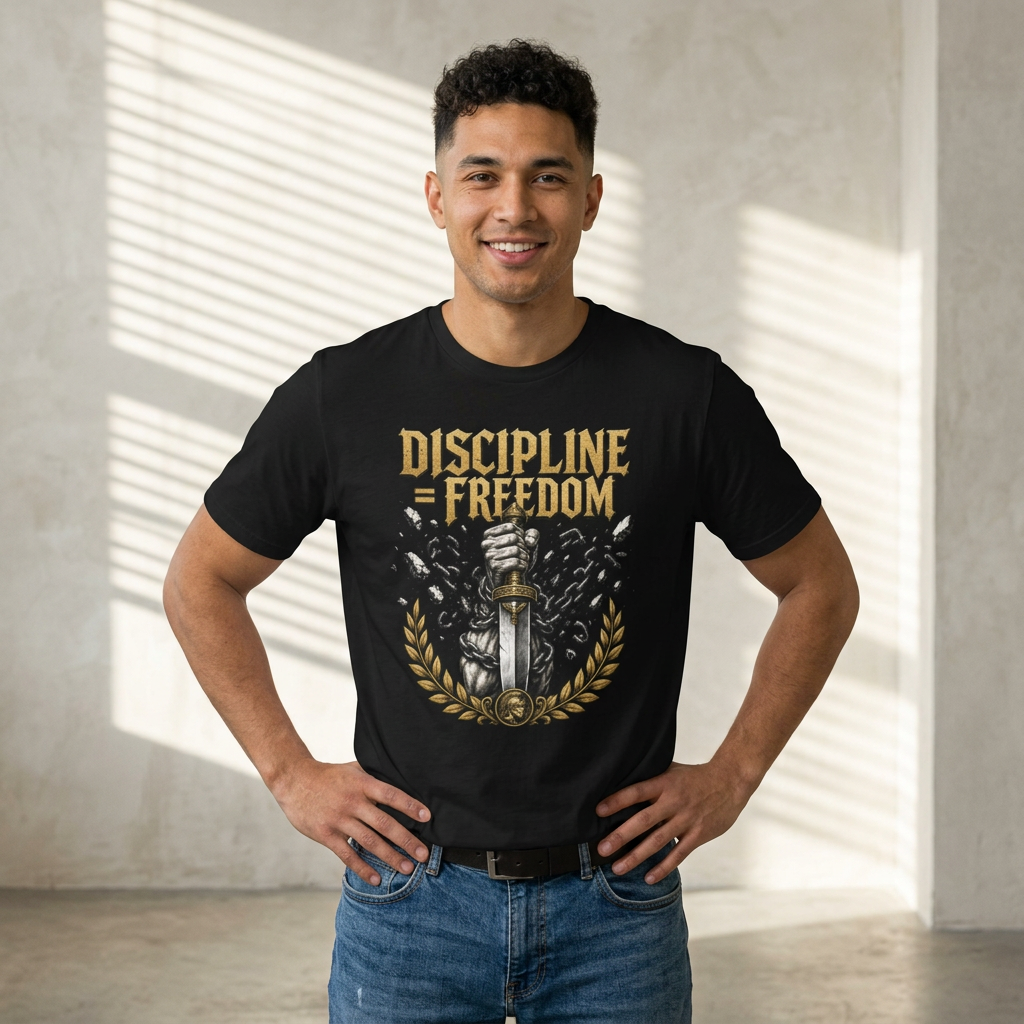 Discipline = Freedom T-Shirt — Motivational Sword & Fist Design