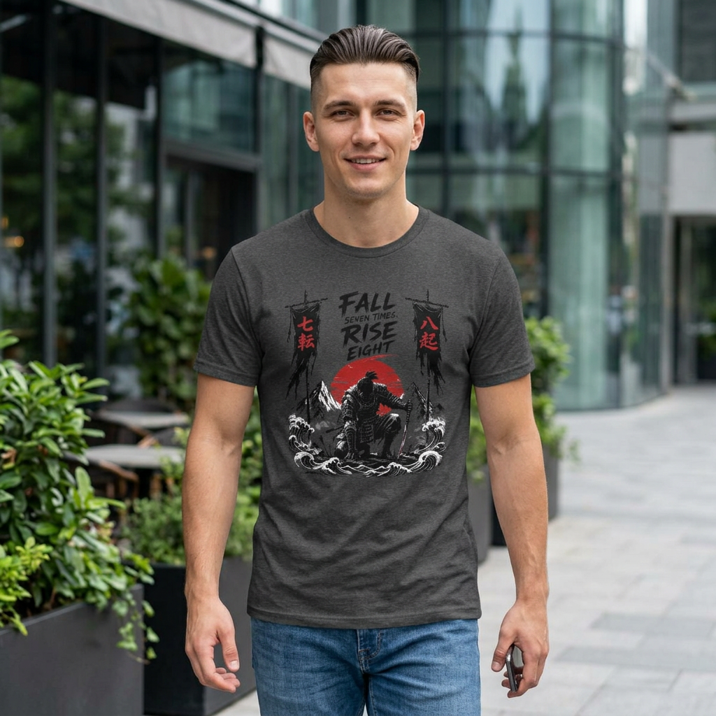T-Shirt — “Fall Seven Times, Rise Eight” Samurai Graphic Tee