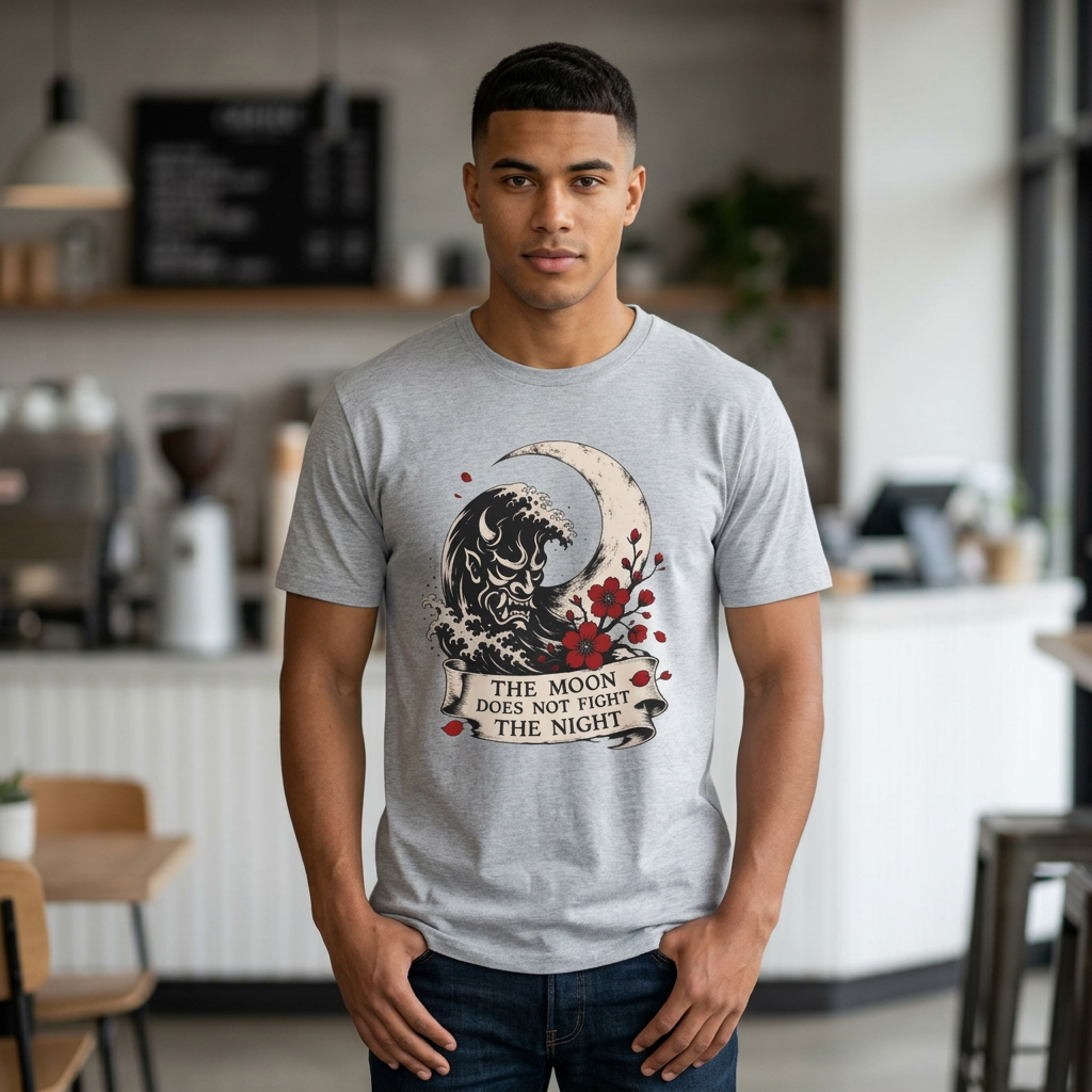Moon & Wave Graphic T-Shirt — “The Moon Does Not Fight The Night” Inspirational Tee