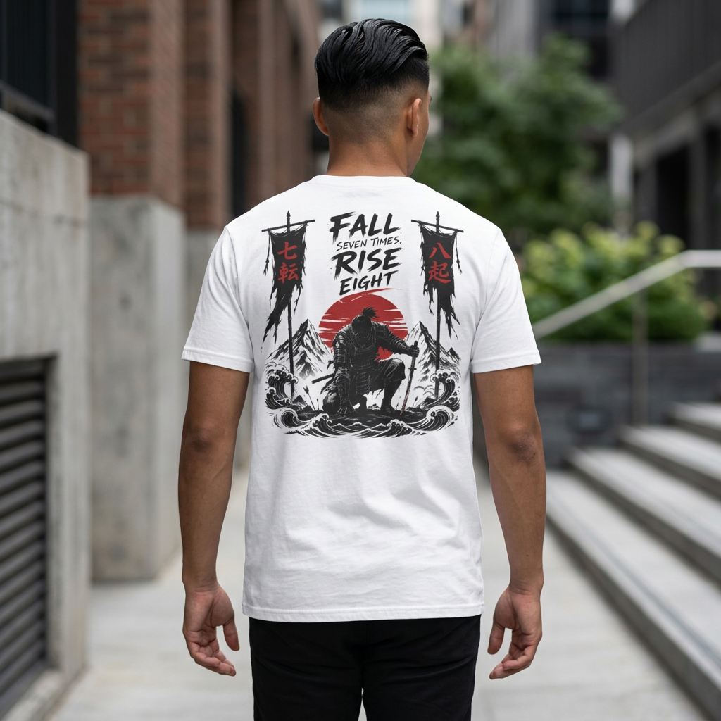T-Shirt — 'Fall, Rise, Repeat' Samurai Chest Print