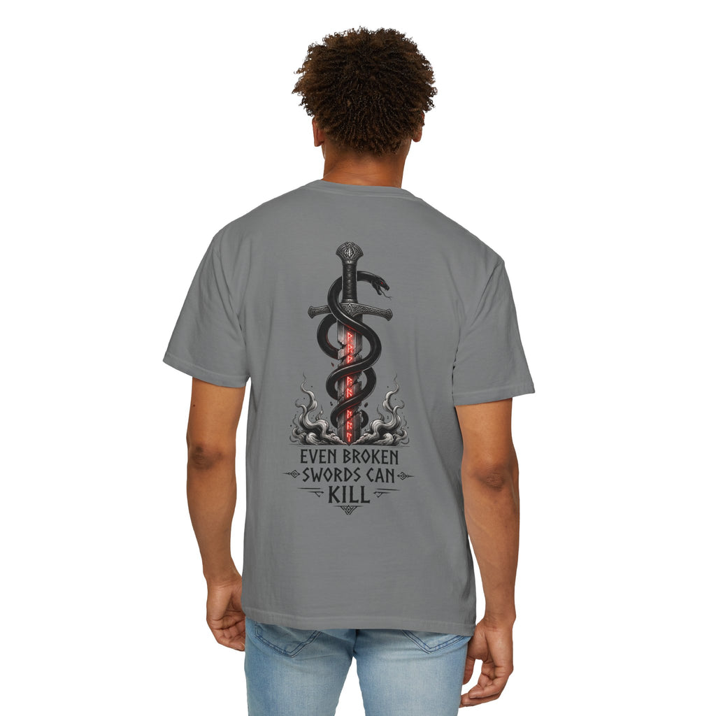 Graphic T-Shirt — 'Even Broken Swords Can Kill' Snake & Sword Back Print