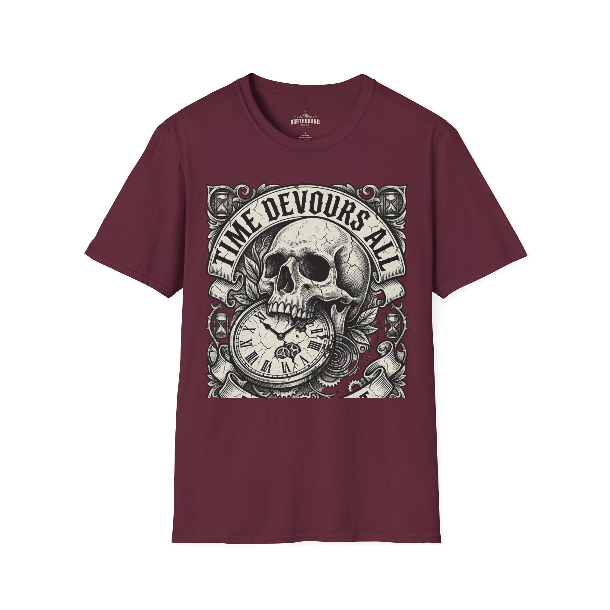 Time Devours All Skull T-Shirt – Vintage Gothic Skull & Pocket Watch Tee