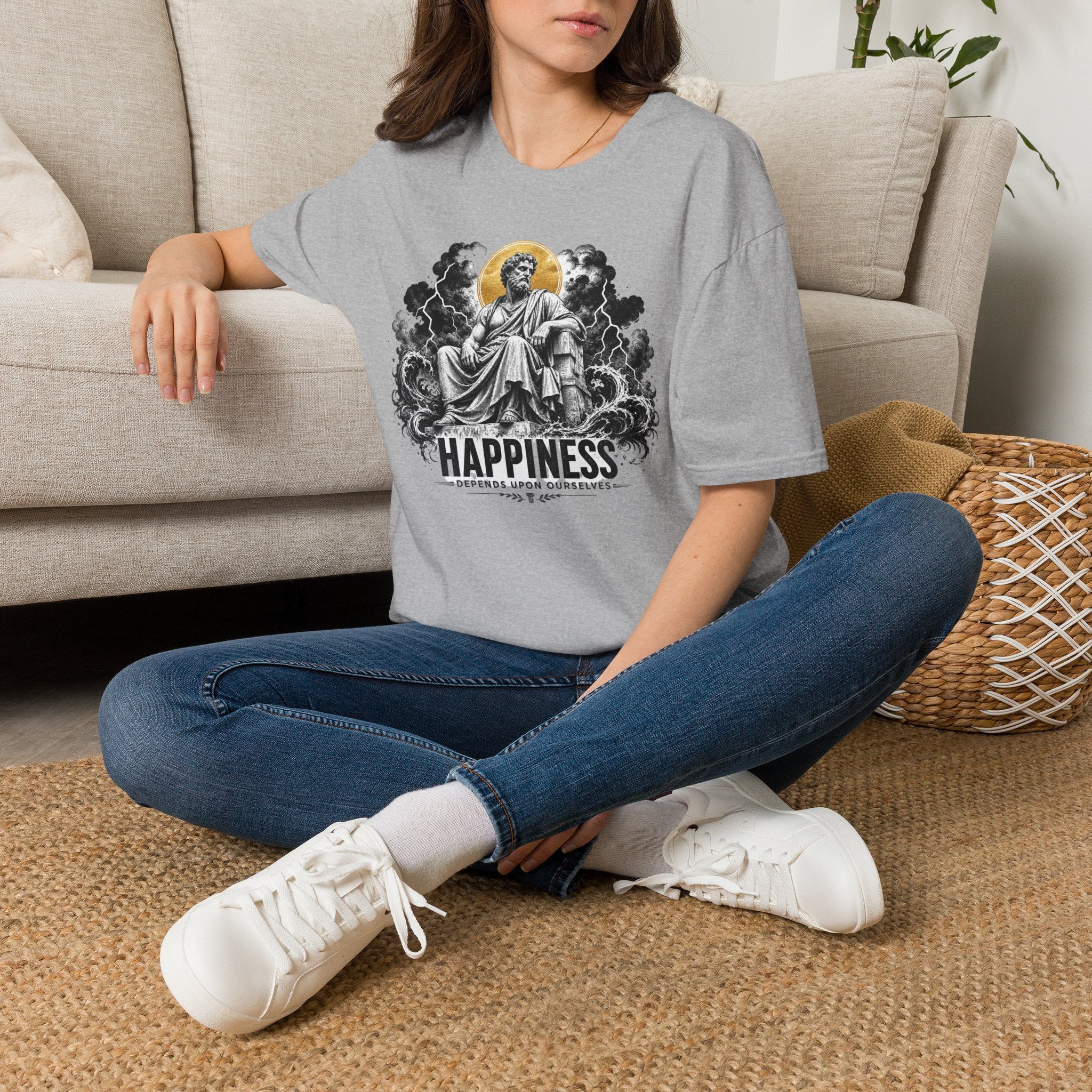 T-Shirt — 'HAPPINESS' Vintage Saint Illustration Tee (Gold Halo)