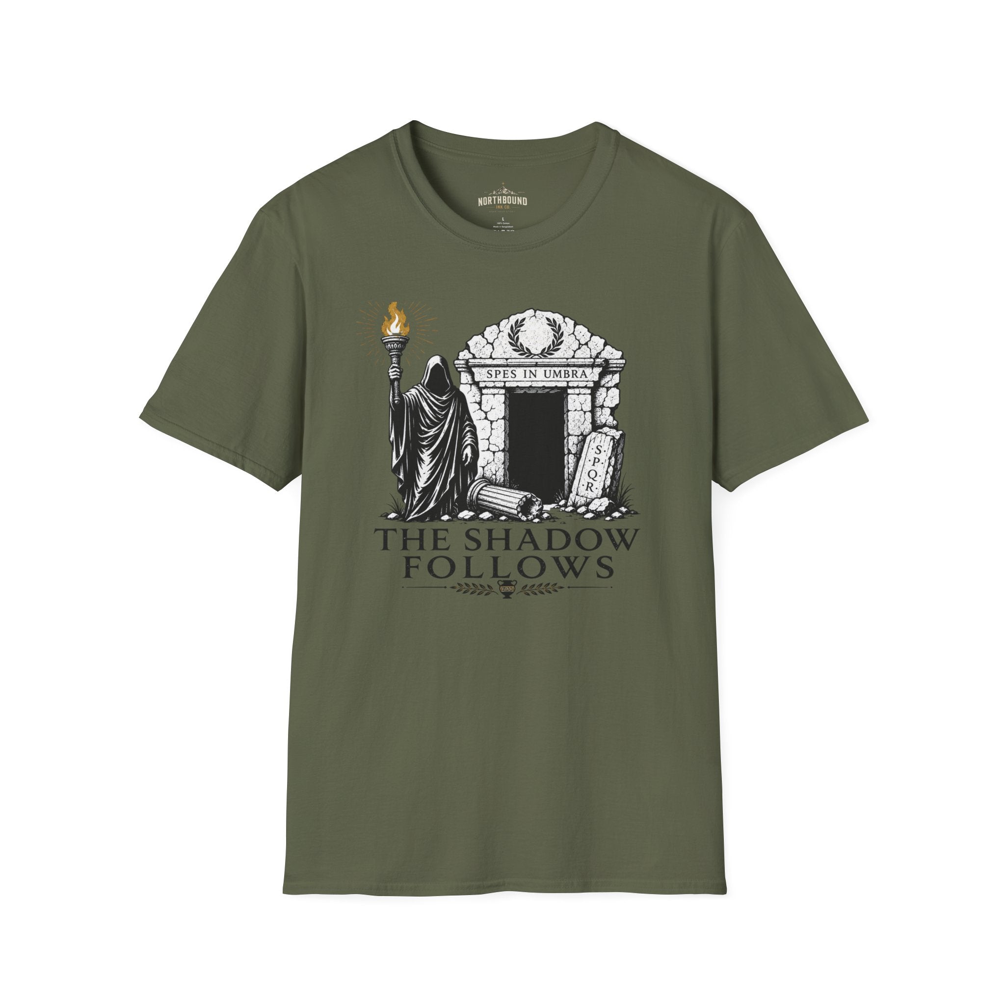 Gothic 'The Shadow Follows' T-Shirt — Cloaked Figure & Tombstone Design
