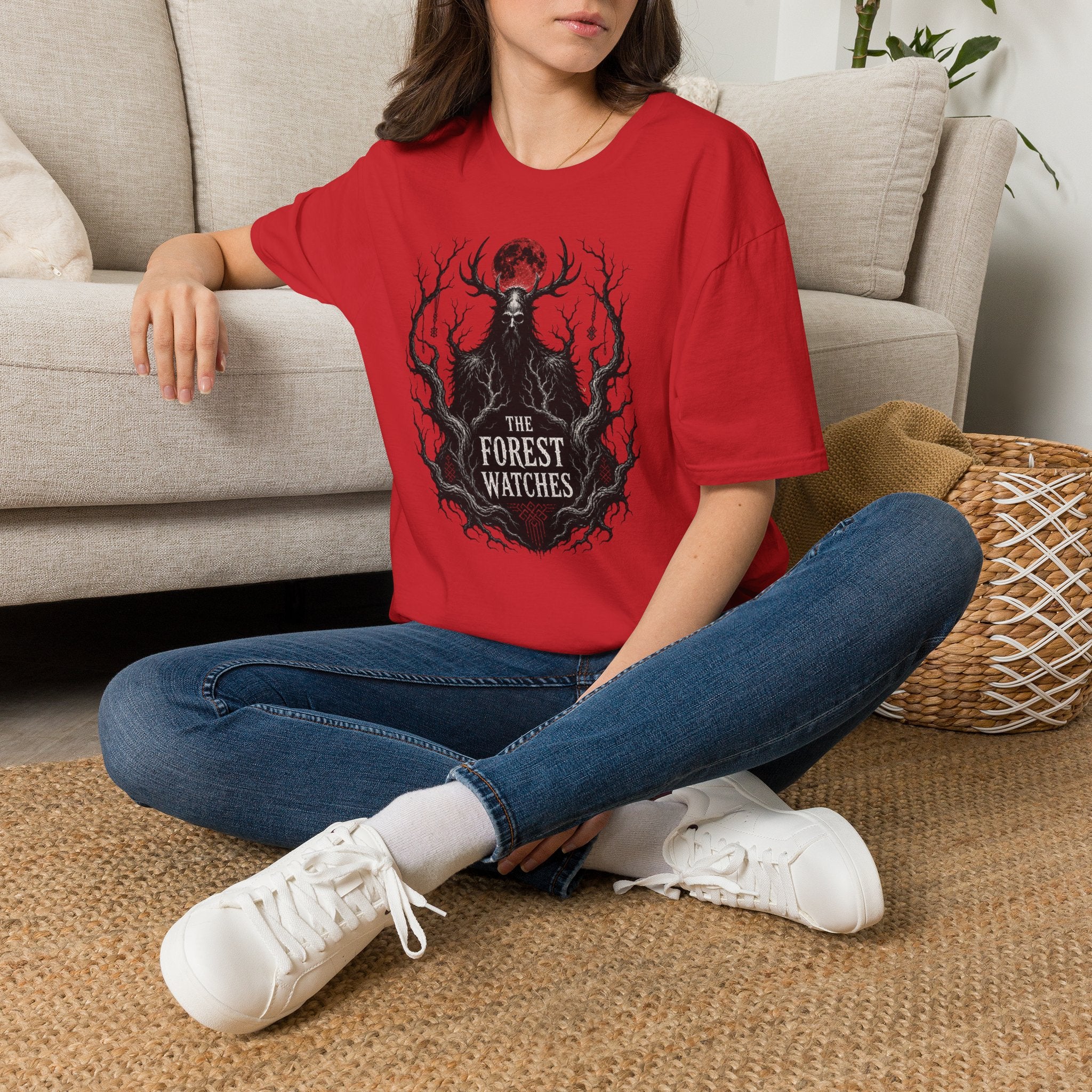 Forest Watcher T-Shirt — 'The Forest Watches' Red Moon Deer Spirit Tee