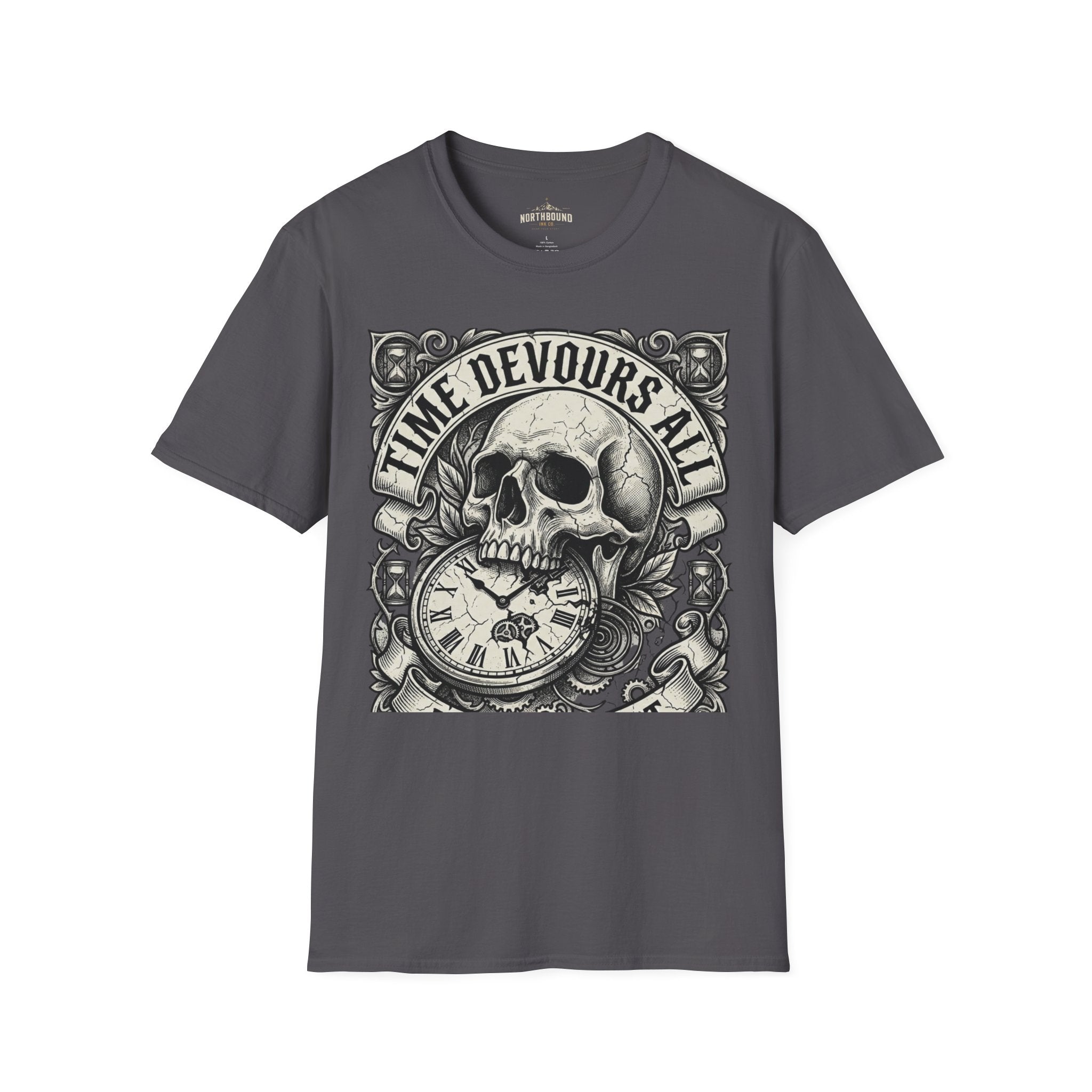 Time Devours All Skull T-Shirt – Vintage Gothic Skull & Pocket Watch Tee