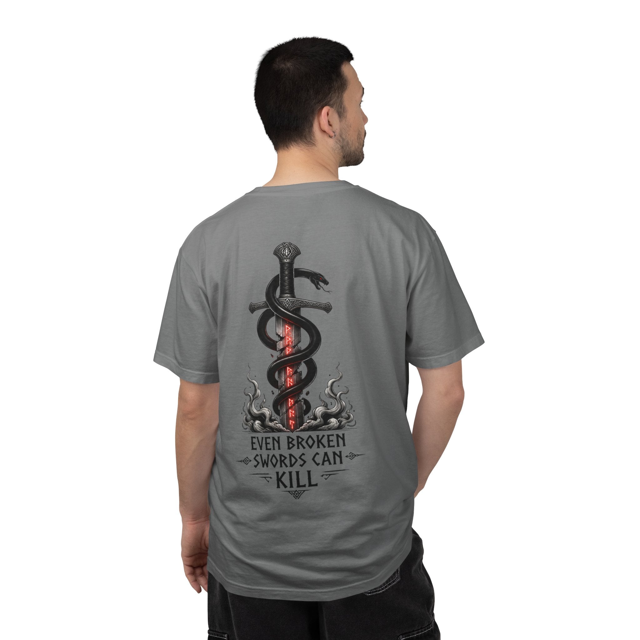 Graphic T-Shirt — 'Even Broken Swords Can Kill' Snake & Sword Back Print