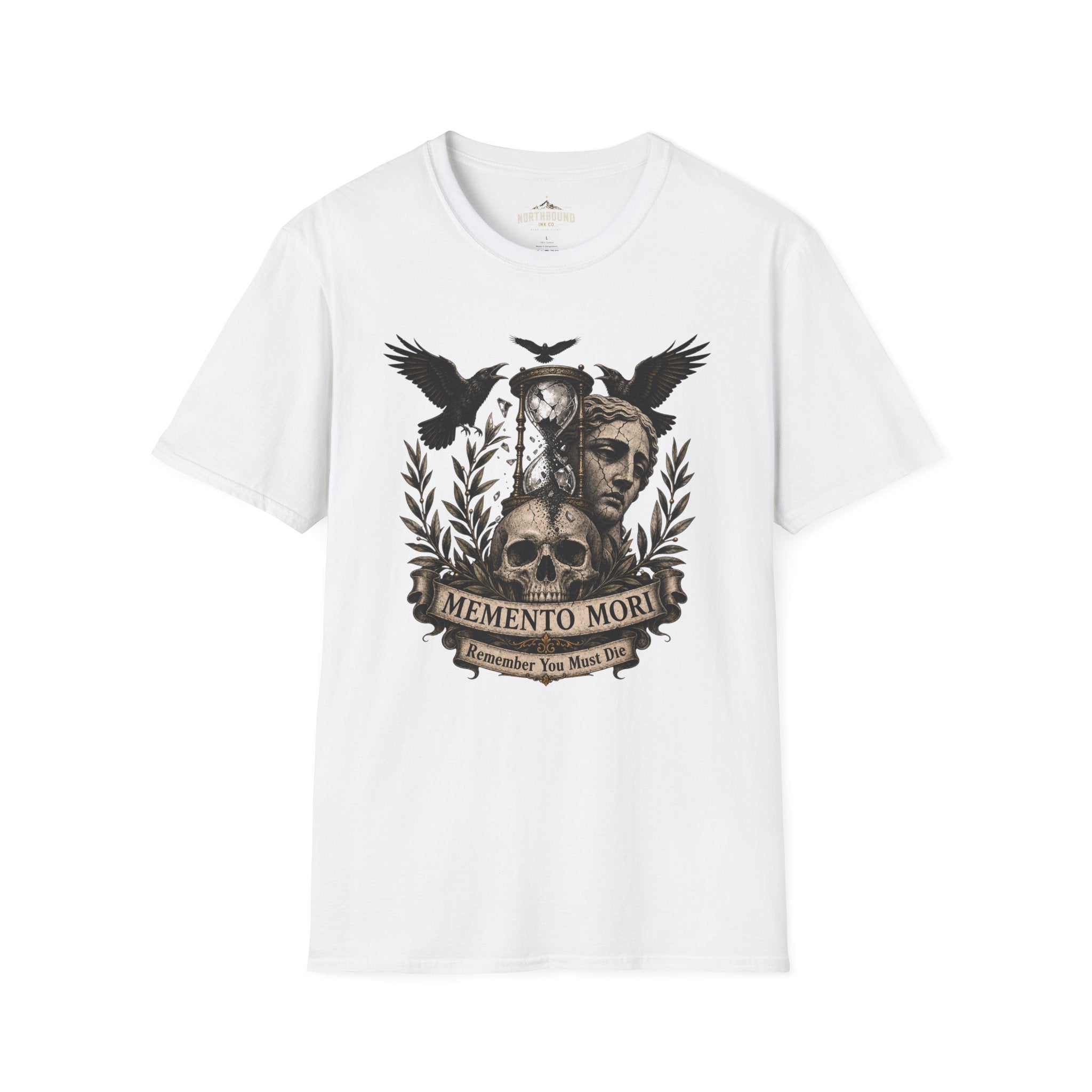 Memento Mori T-Shirt — Hourglass Statue & Ravens Vintage Death Awareness Tee