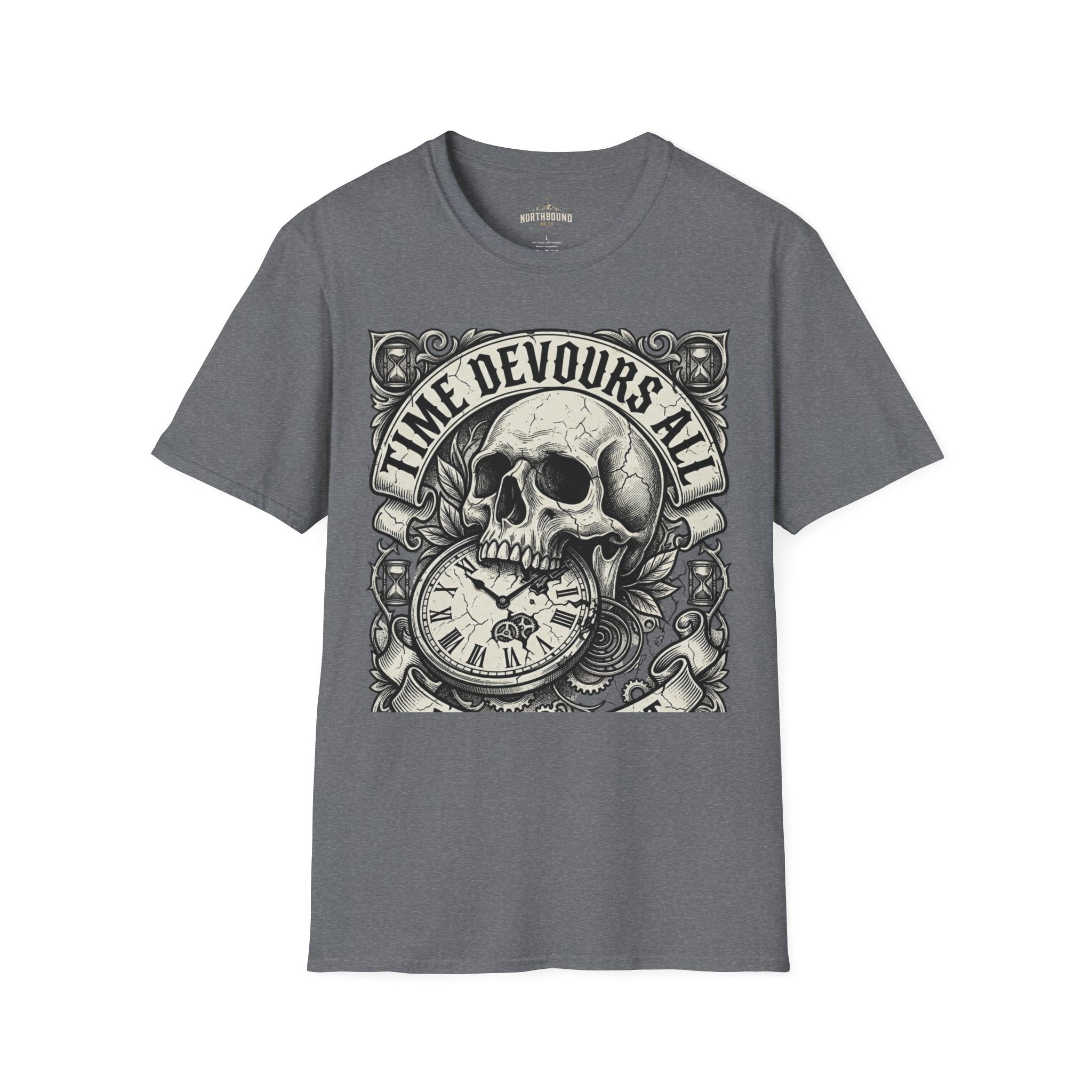 Time Devours All Skull T-Shirt – Vintage Gothic Skull & Pocket Watch Tee
