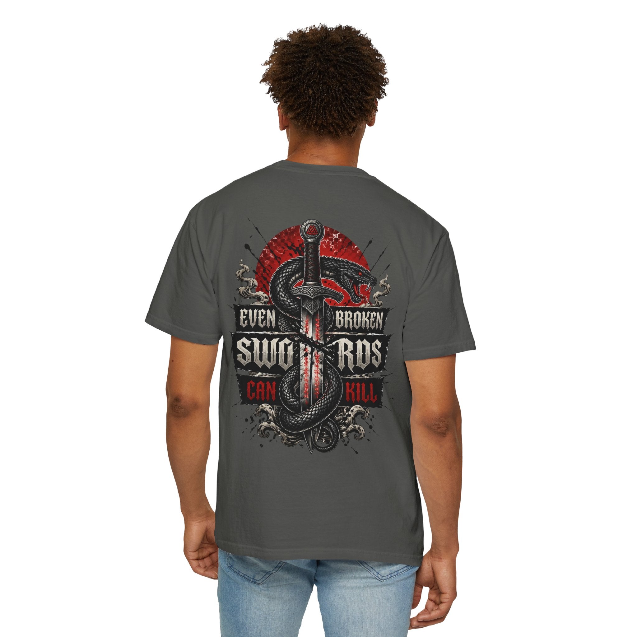 Graphic T-Shirt — "Even Broken Swords Can Kill" Snake & Dagger Back Print