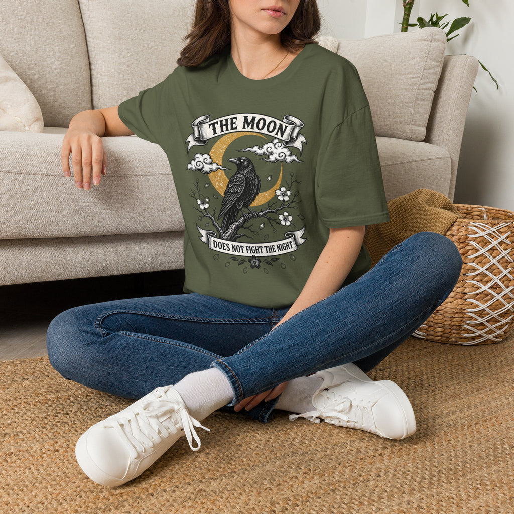 Moon & Raven T-Shirt — "The Moon Does Not Fight The Moon" Gothic Celestial Tee