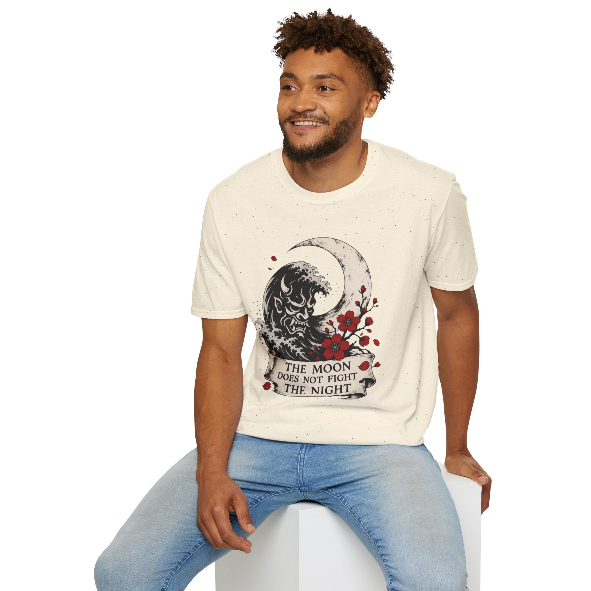 Moon & Wave Graphic T-Shirt — “The Moon Does Not Fight The Night” Inspirational Tee