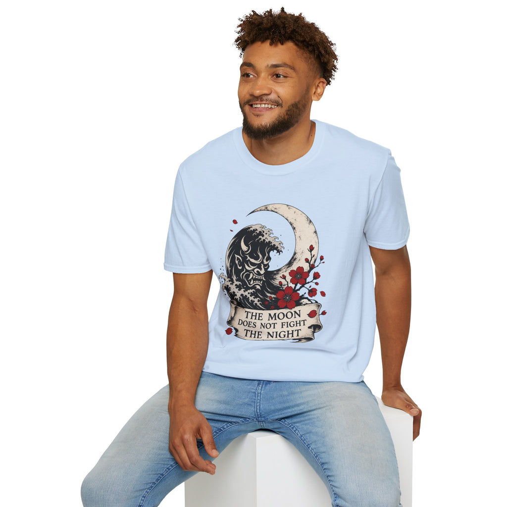 Moon & Wave Graphic T-Shirt — “The Moon Does Not Fight The Night” Inspirational Tee