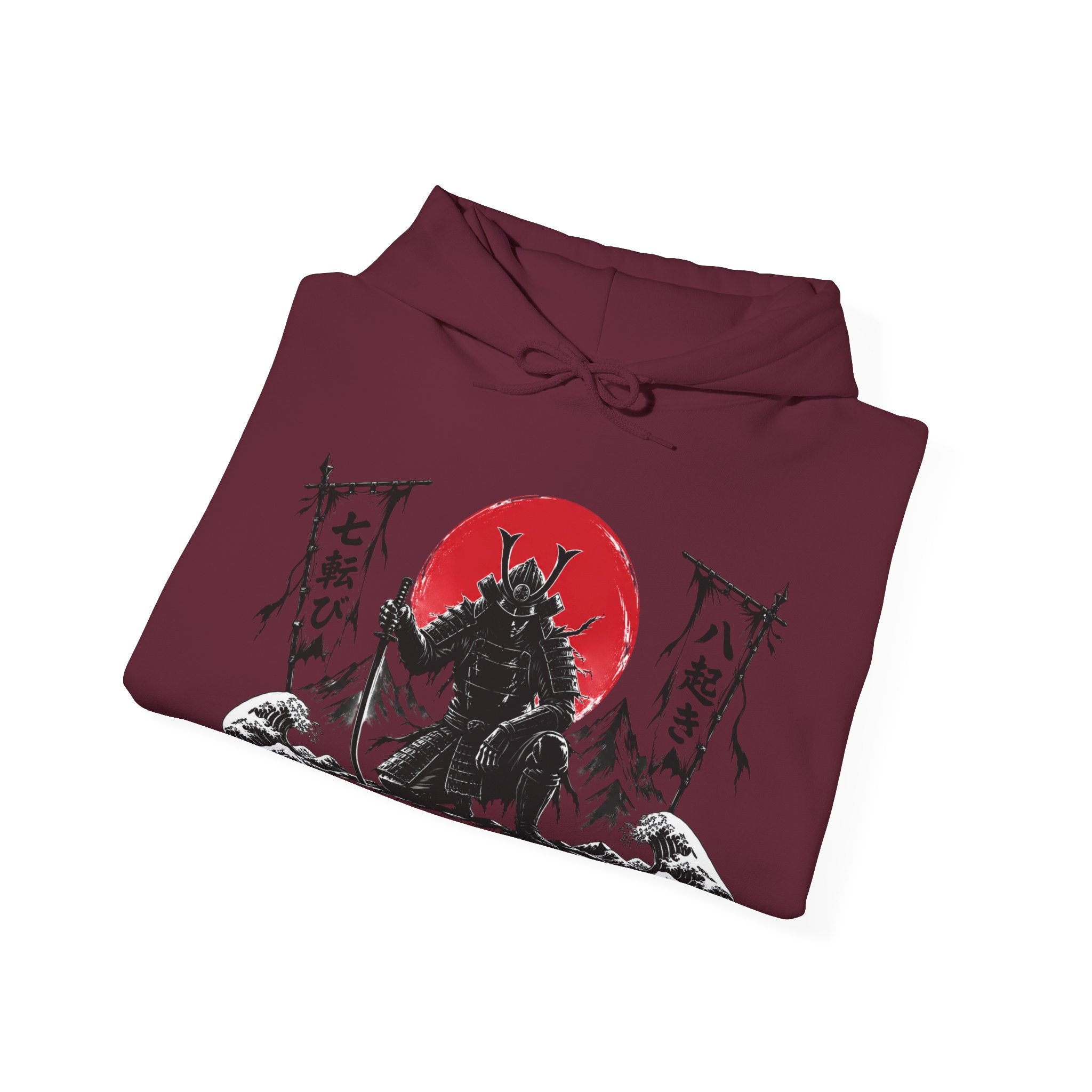 Hoodie — Samurai Wolf Graphic "Fall Seven Times, Rise Eight" Japanese Sunrise