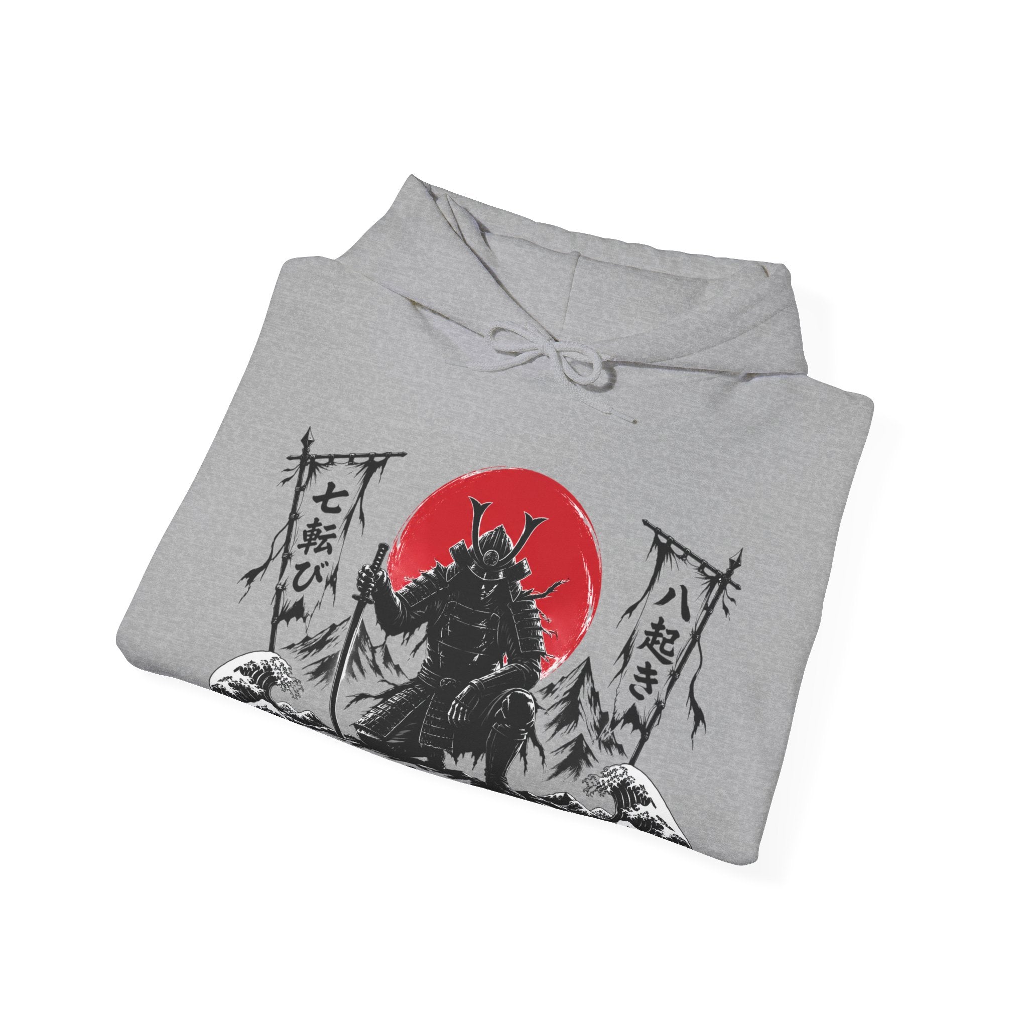 Hoodie — Samurai Wolf Graphic "Fall Seven Times, Rise Eight" Japanese Sunrise