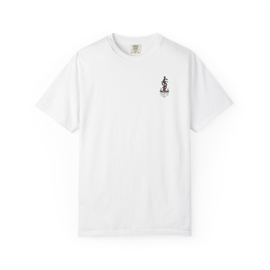 Graphic T-Shirt — 'Even Broken Swords Can Kill' Snake & Sword Back Print