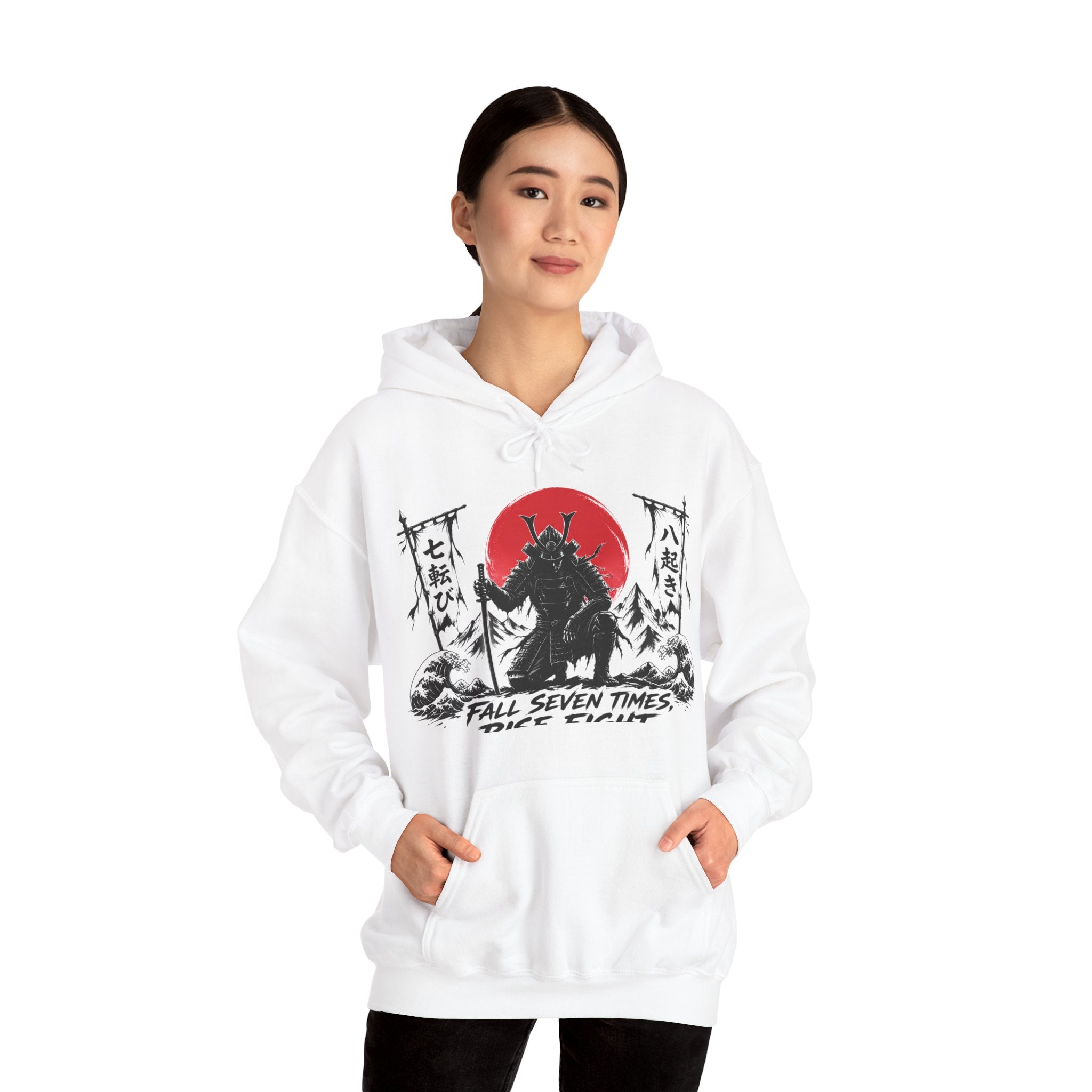 Hoodie — Samurai Wolf Graphic "Fall Seven Times, Rise Eight" Japanese Sunrise