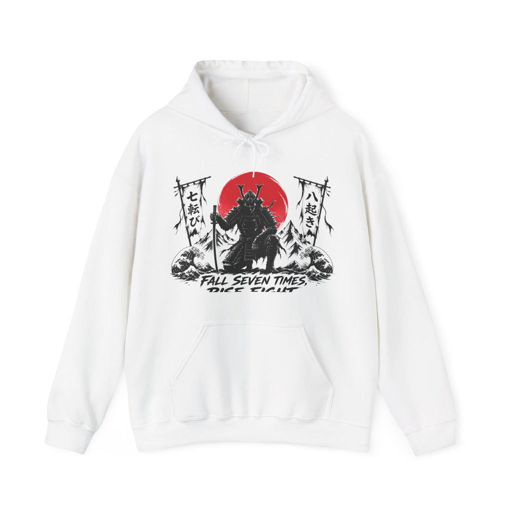 Hoodie — Samurai Wolf Graphic "Fall Seven Times, Rise Eight" Japanese Sunrise