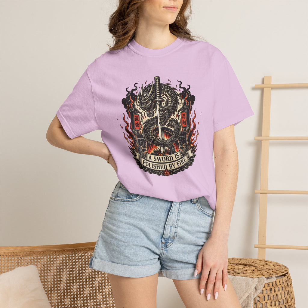 Sword & Flame Graphic T-Shirt — "A Sword Is Polished By Fire"