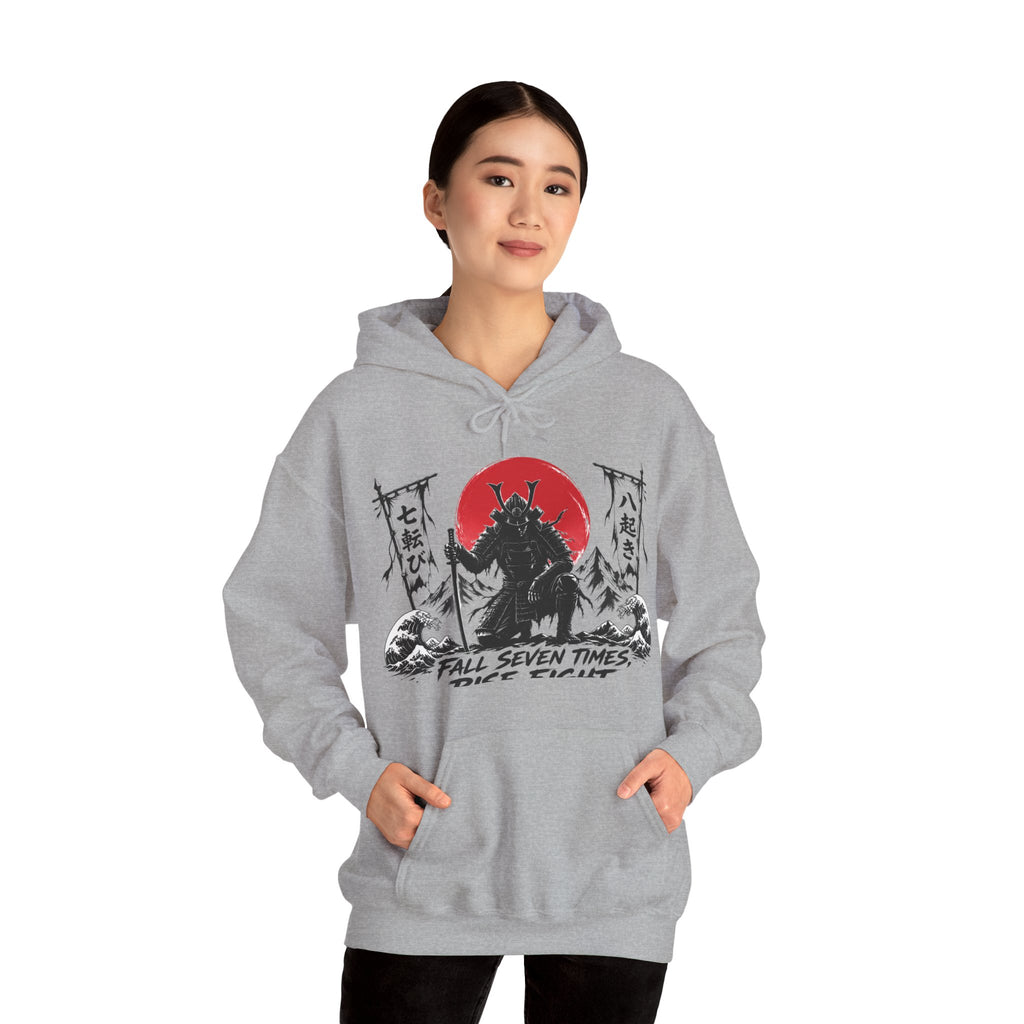 Hoodie — Samurai Wolf Graphic "Fall Seven Times, Rise Eight" Japanese Sunrise