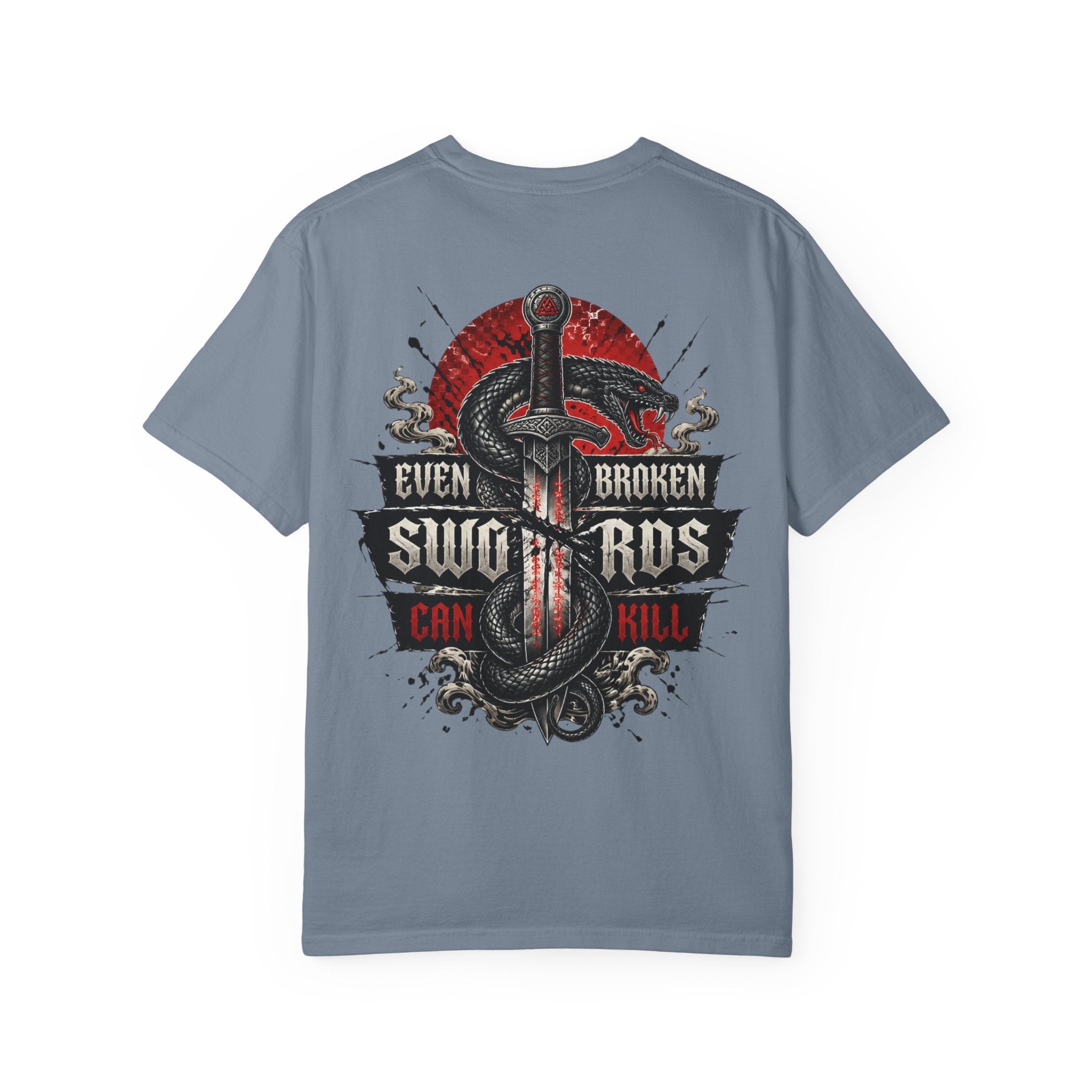 Graphic T-Shirt — "Even Broken Swords Can Kill" Snake & Dagger Back Print