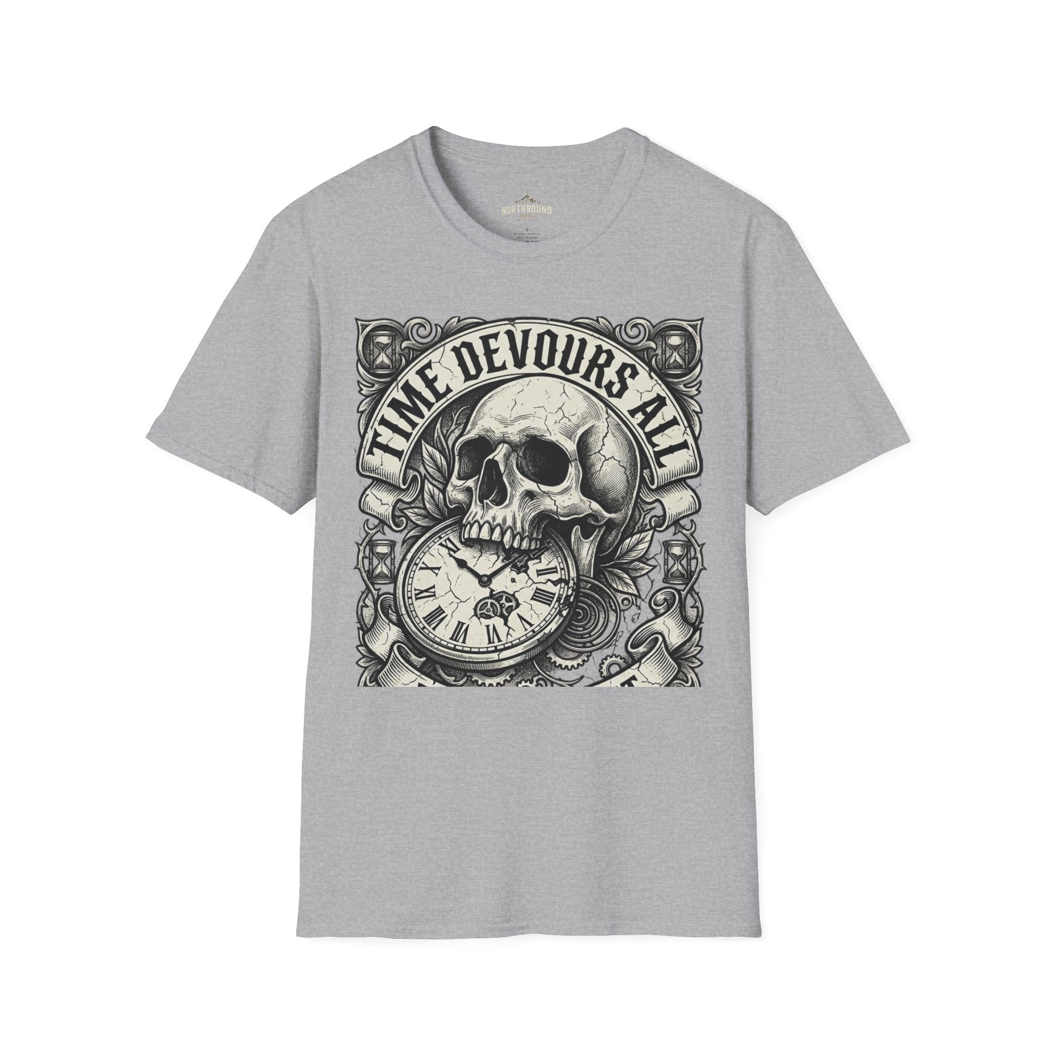 Time Devours All Skull T-Shirt – Vintage Gothic Skull & Pocket Watch Tee