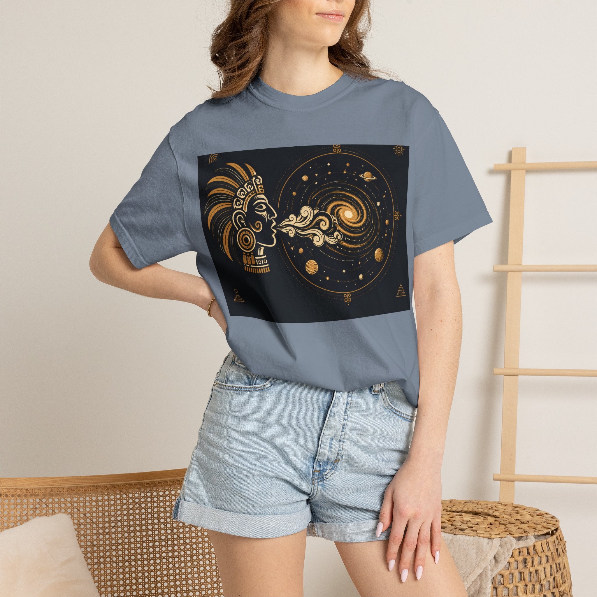 Cosmic Aztec Breath T-Shirt — Golden Galaxy Illustration