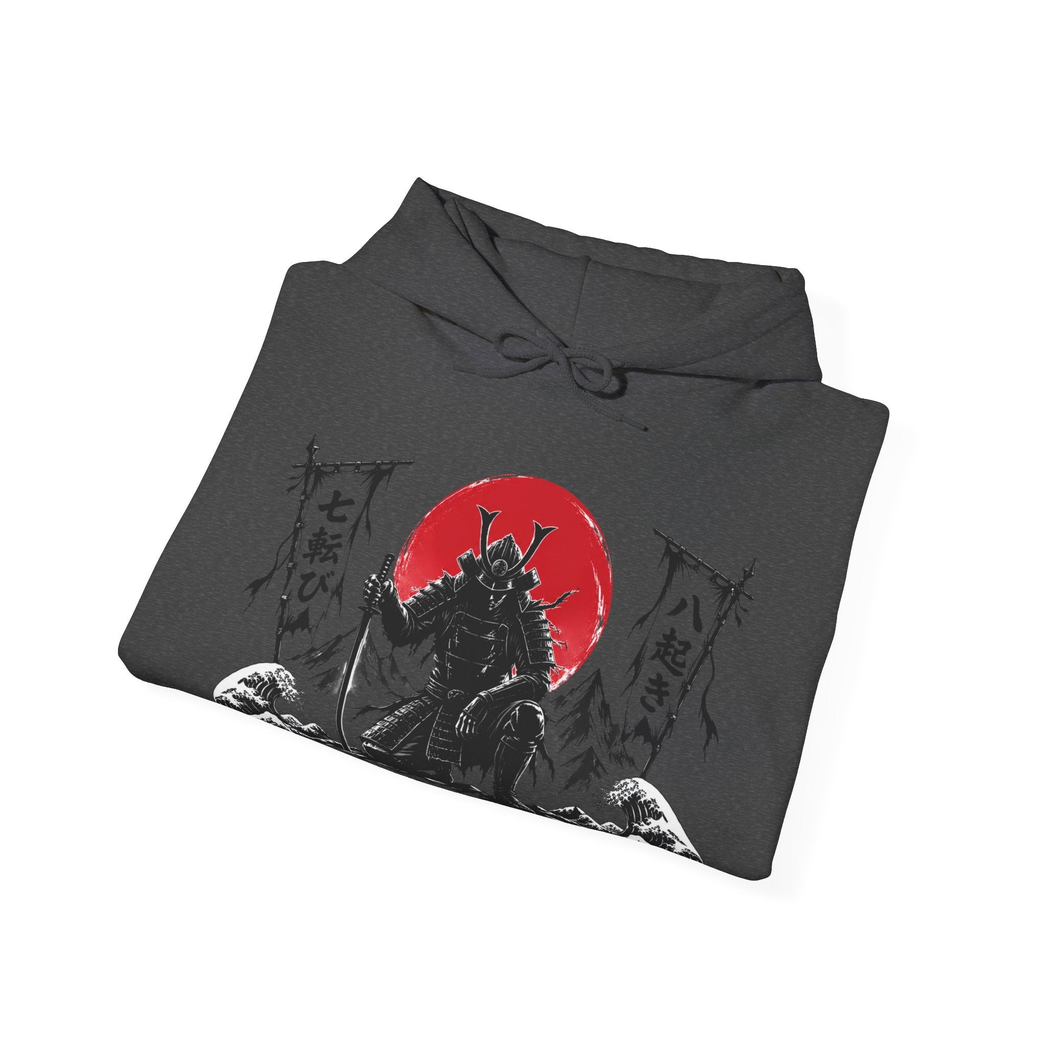 Hoodie — Samurai Wolf Graphic "Fall Seven Times, Rise Eight" Japanese Sunrise