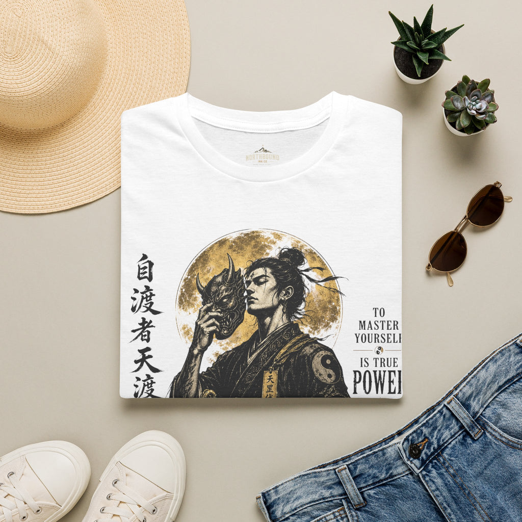 Samurai Mask Graphic T-Shirt — Japanese Warrior Moon Illustration