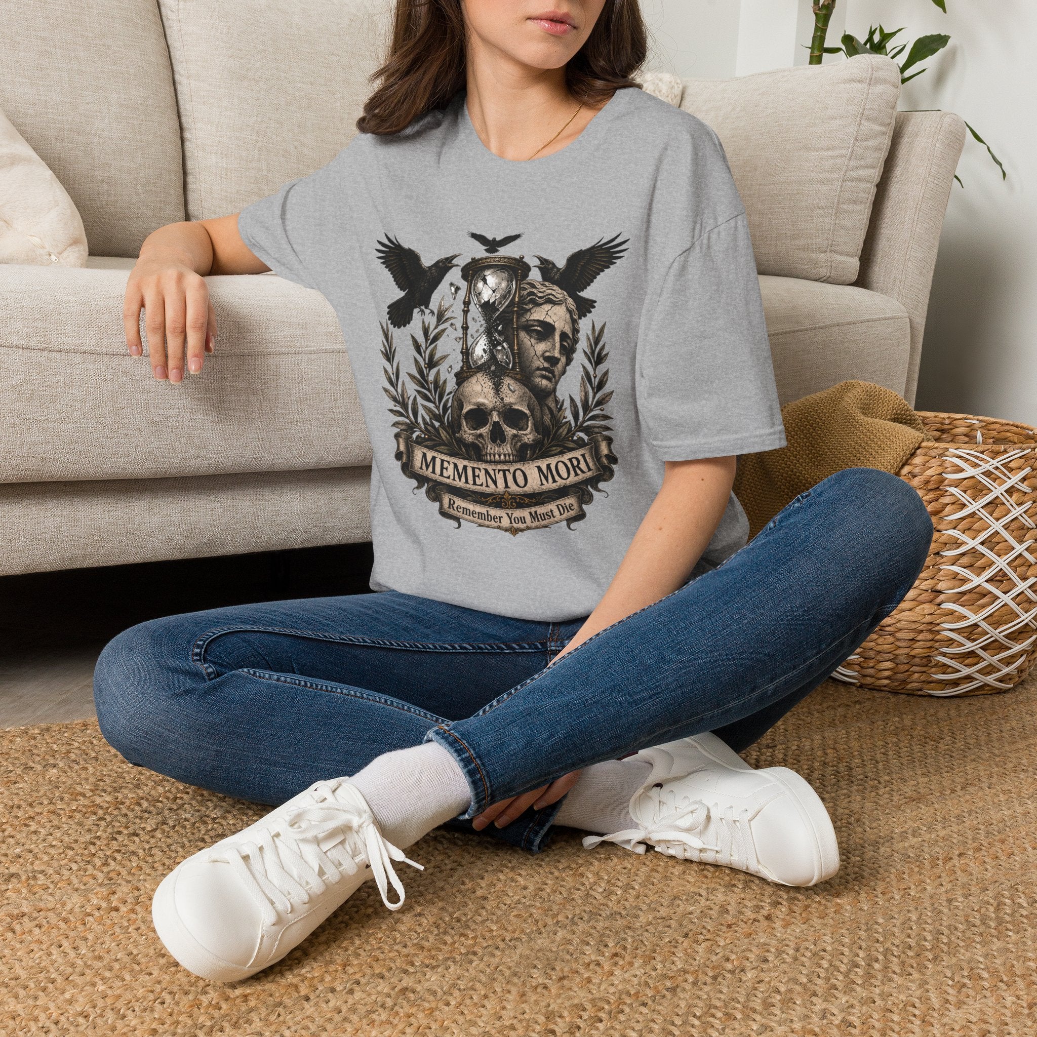 Memento Mori T-Shirt — Hourglass Statue & Ravens Vintage Death Awareness Tee