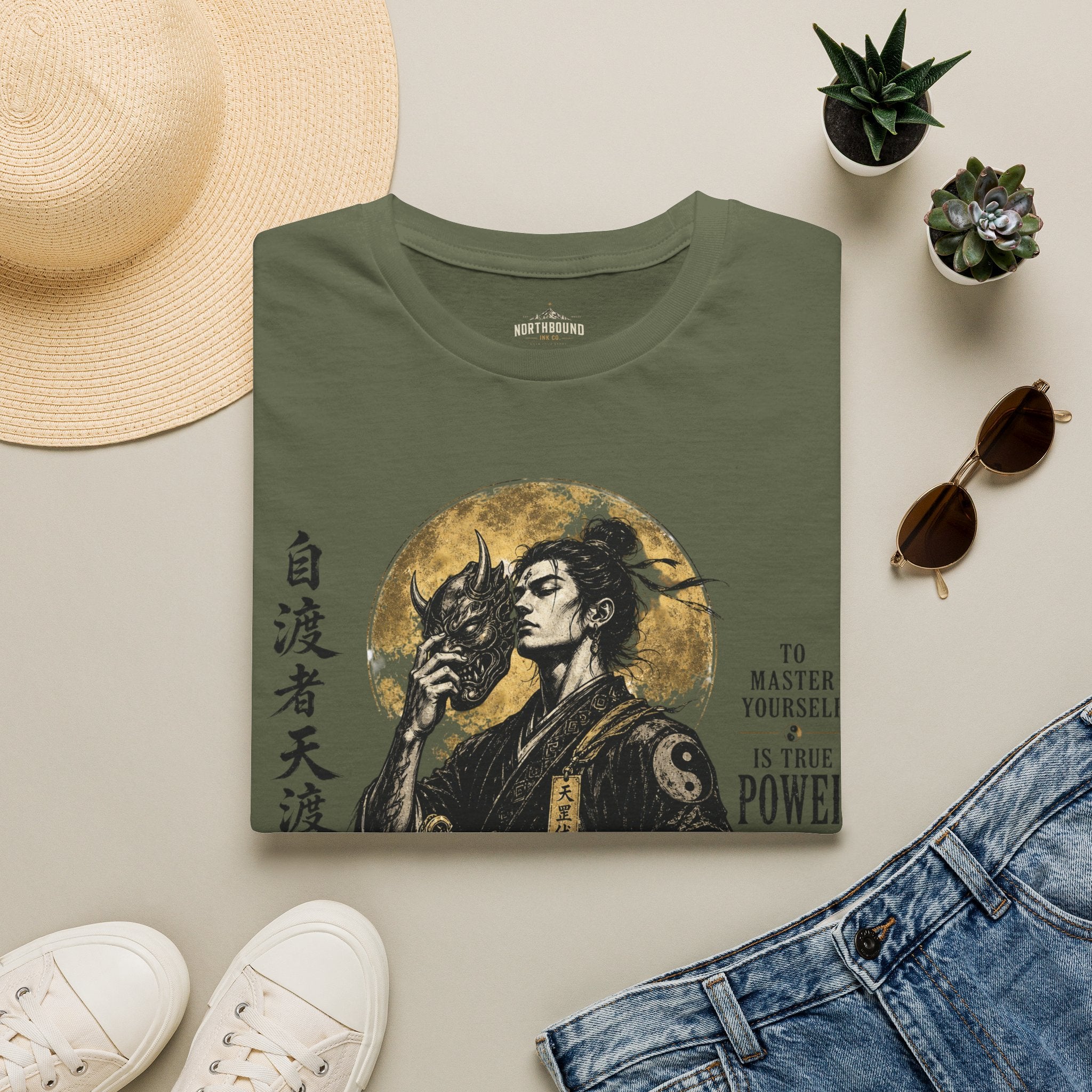Samurai Mask Graphic T-Shirt — Japanese Warrior Moon Illustration