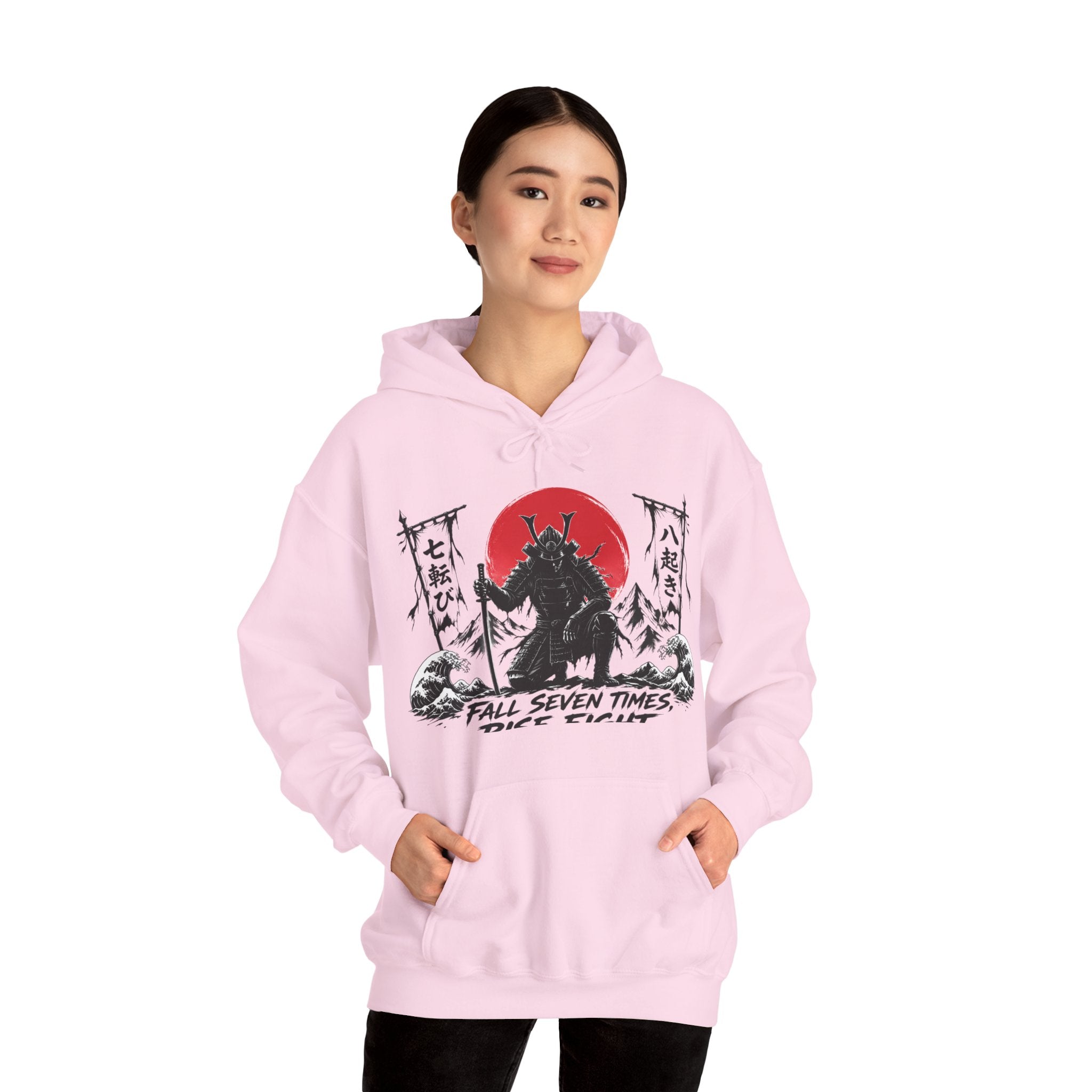 Hoodie — Samurai Wolf Graphic "Fall Seven Times, Rise Eight" Japanese Sunrise