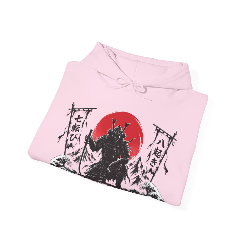 Hoodie — Samurai Wolf Graphic "Fall Seven Times, Rise Eight" Japanese Sunrise