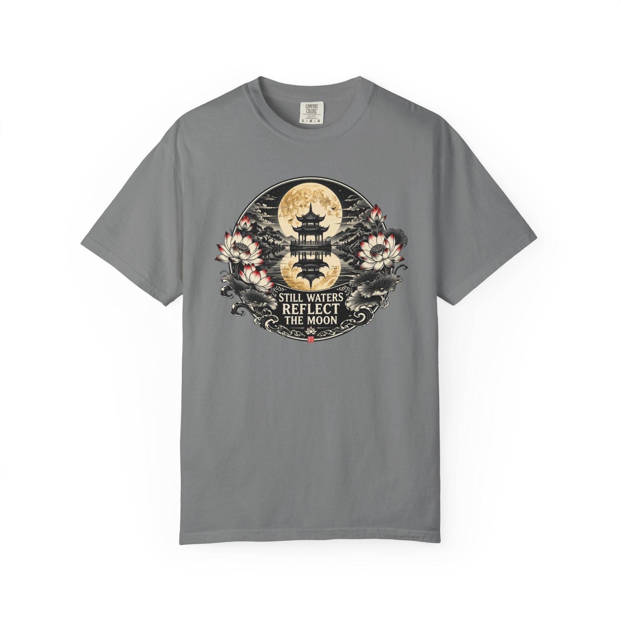 Still Waters Reflect the Moon T-Shirt — Zen Pagoda Moon Graphic Tee