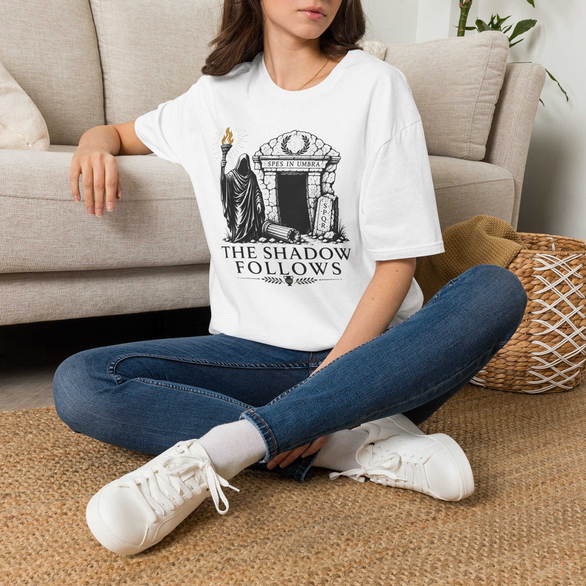 Gothic 'The Shadow Follows' T-Shirt — Cloaked Figure & Tombstone Design