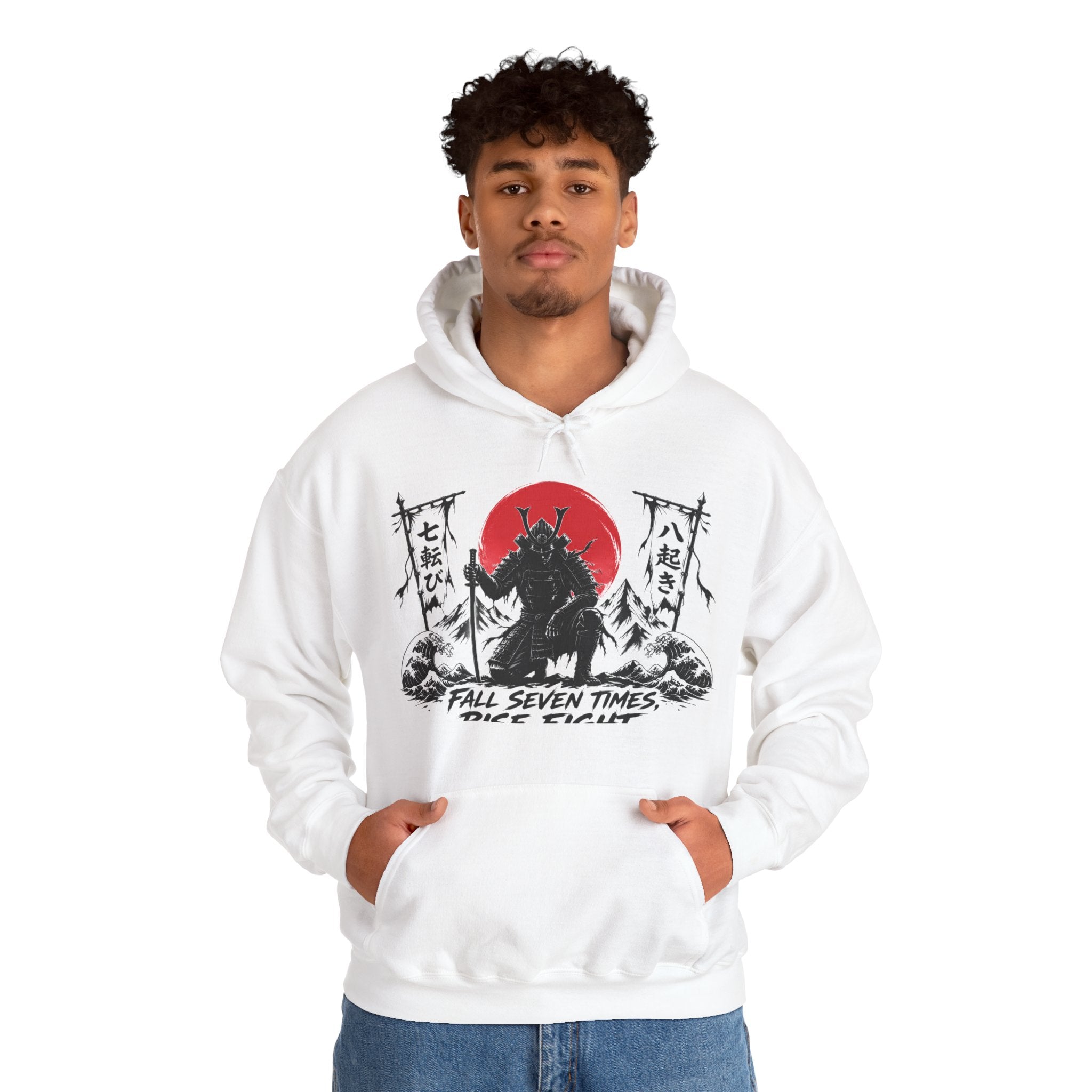 Hoodie — Samurai Wolf Graphic "Fall Seven Times, Rise Eight" Japanese Sunrise